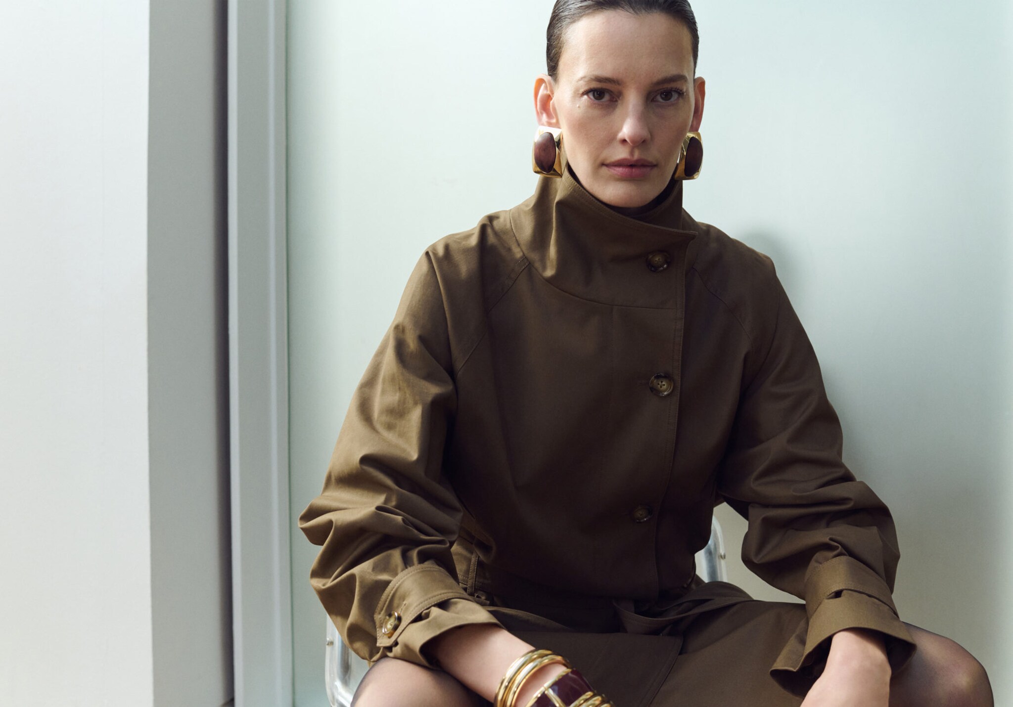 Funnel neck belted trench coat - Panoramic plane