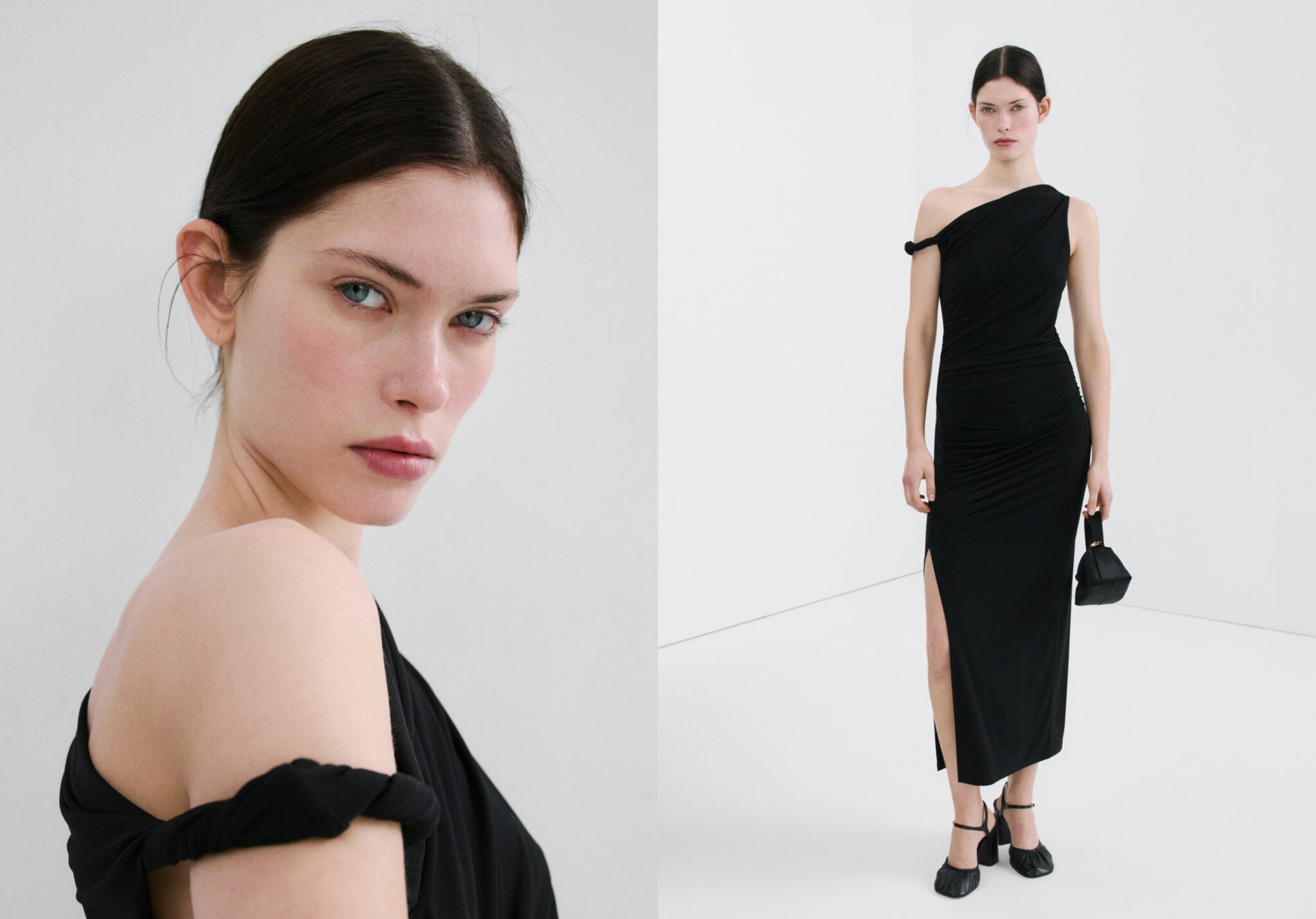 Vestido assimétrico com abertura lateral - Plano panorâmico