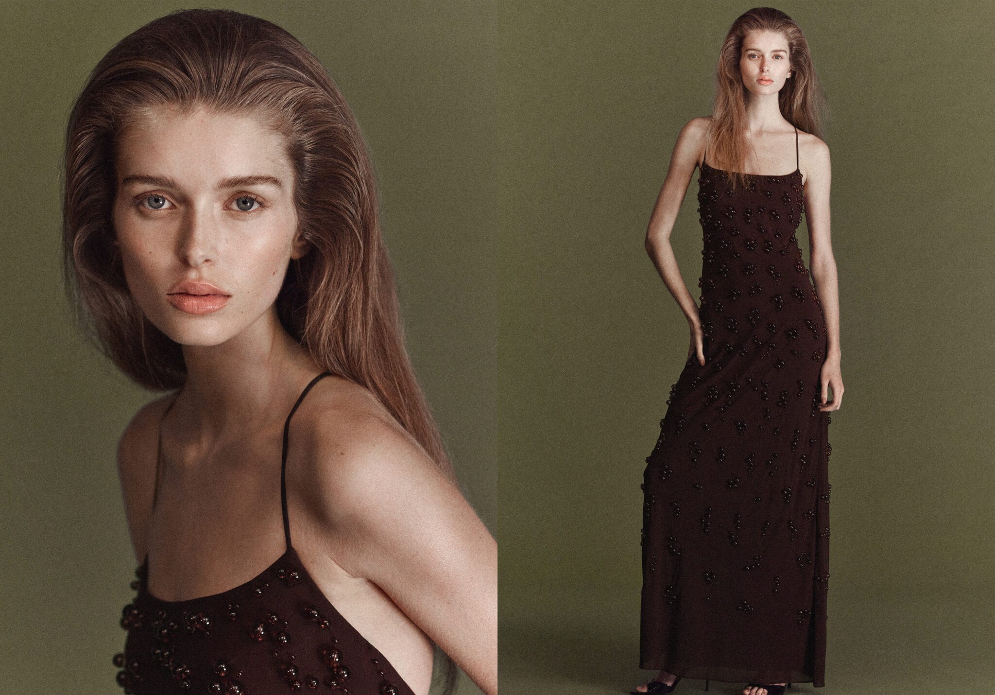 Lange jurk met geborduurde bolletjes - Panoramische tekening