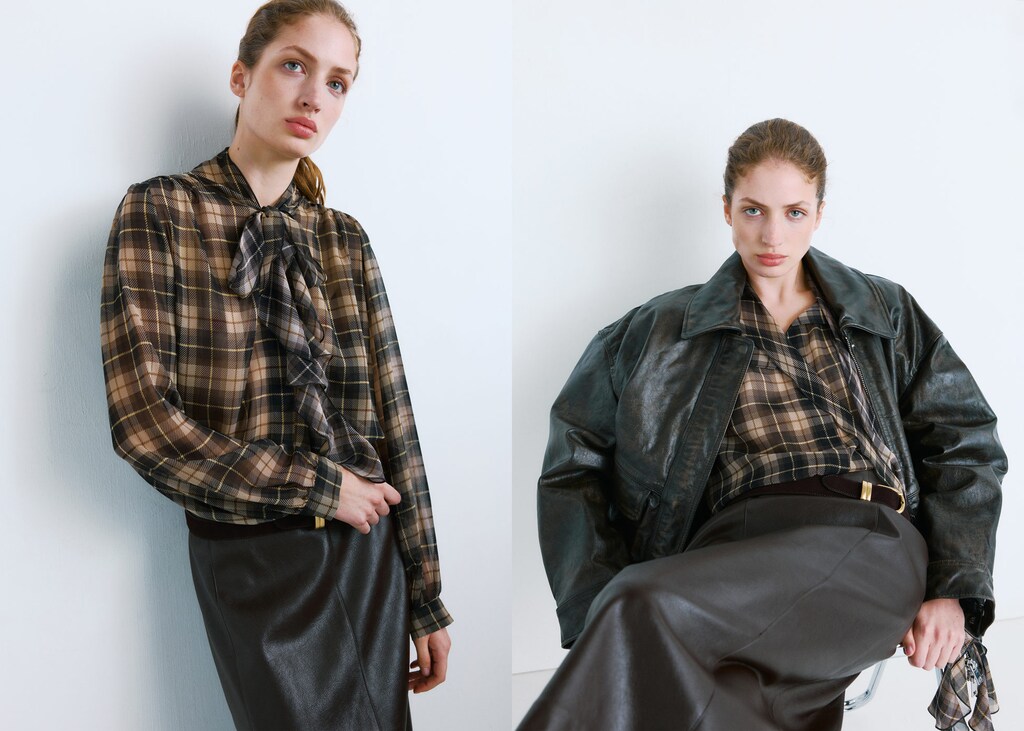 Blouse with check pattern and foulard collar