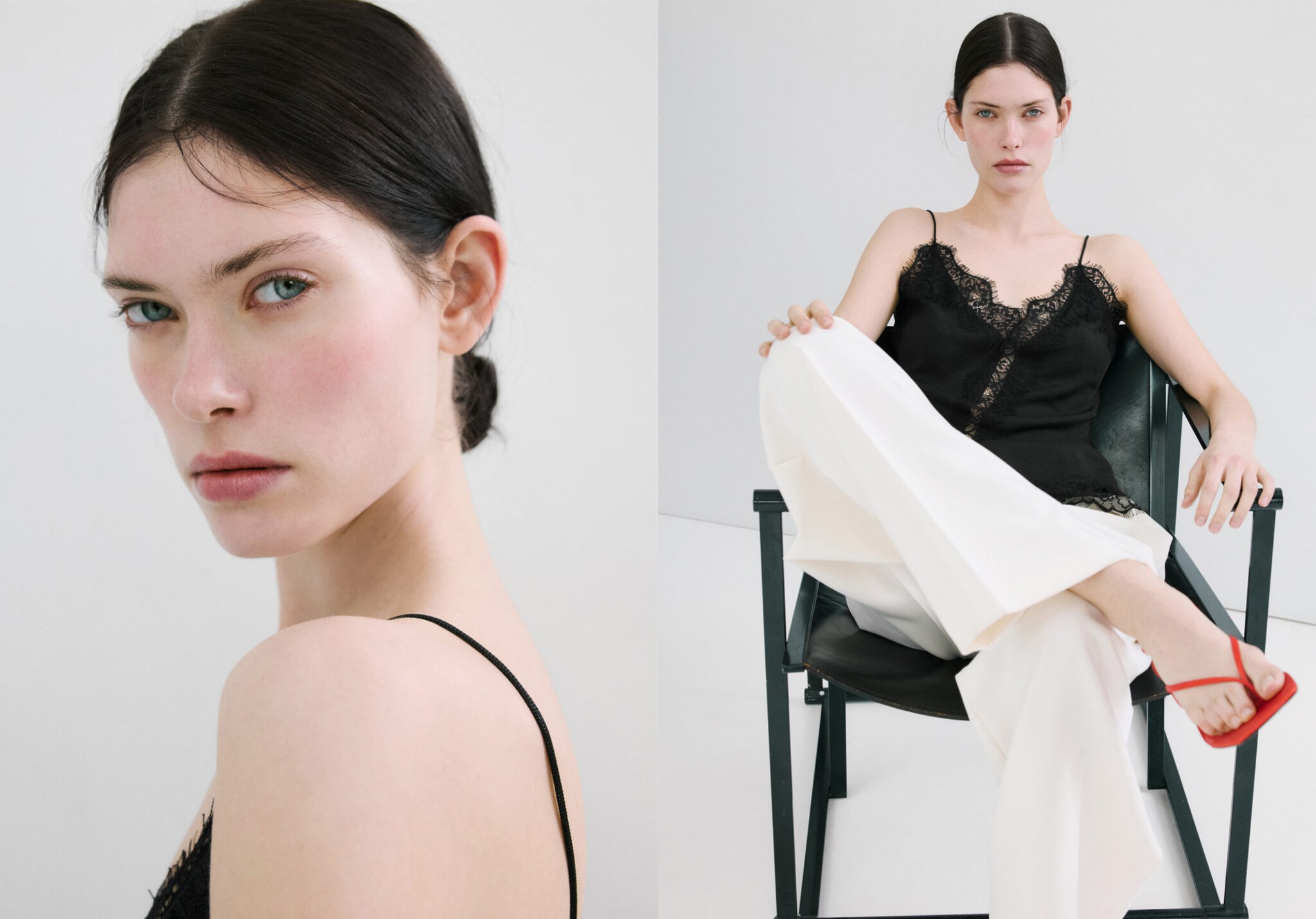 Top com estilo de lingerie de renda assimétrico - Plano panorâmico