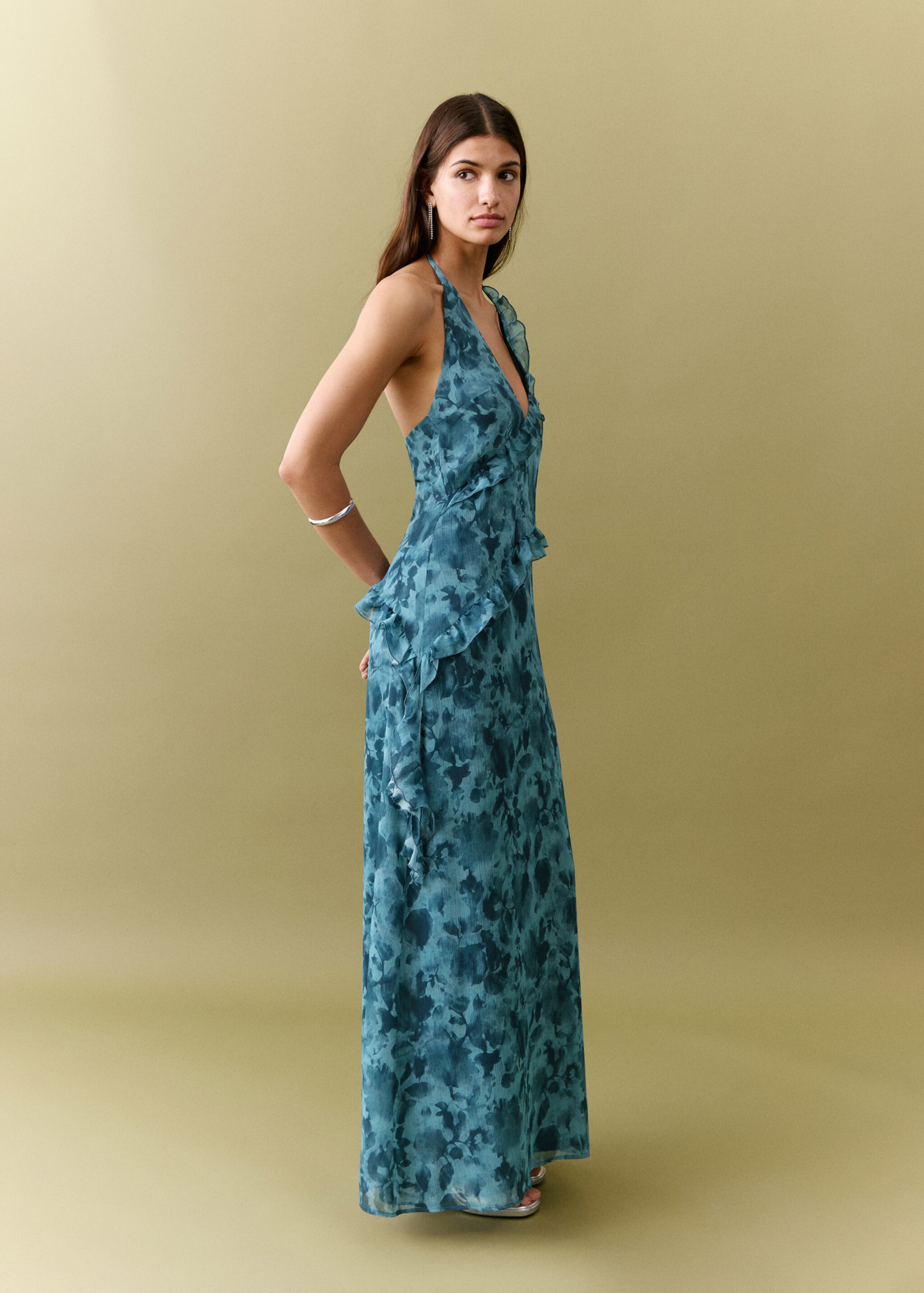 Ruffled printed dress - Details of the article 2, Blue. Ref: 27015817-01.