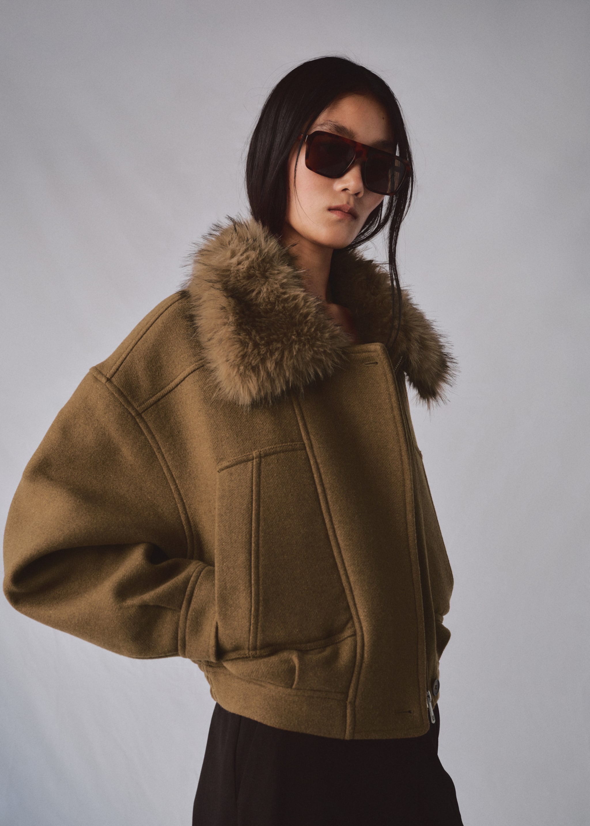 Chaqueta mezcla lana cuello pelo - Plano medio, Marrón. Ref: 27022538-01.