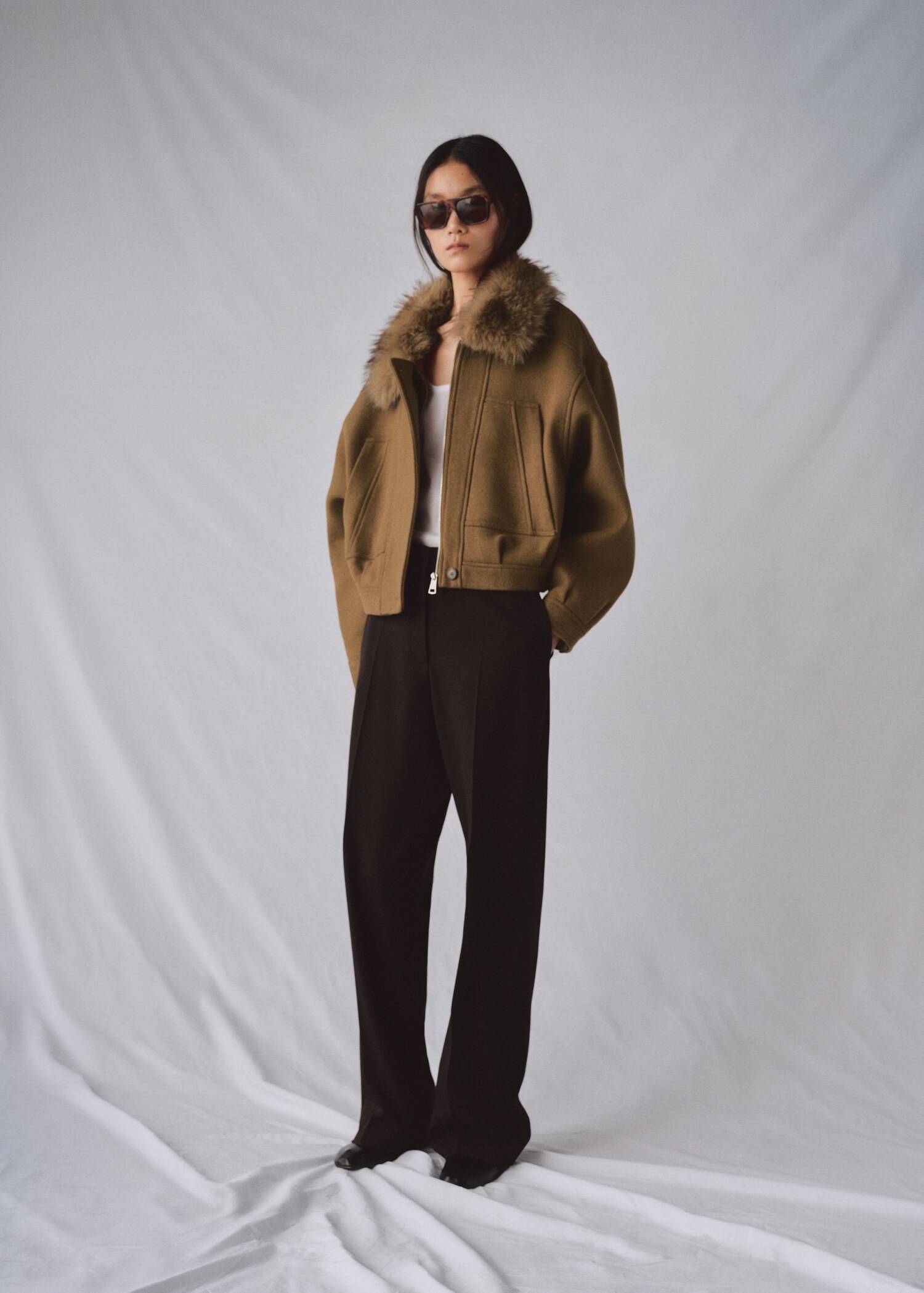 Chaqueta mezcla lana cuello pelo - Plano general