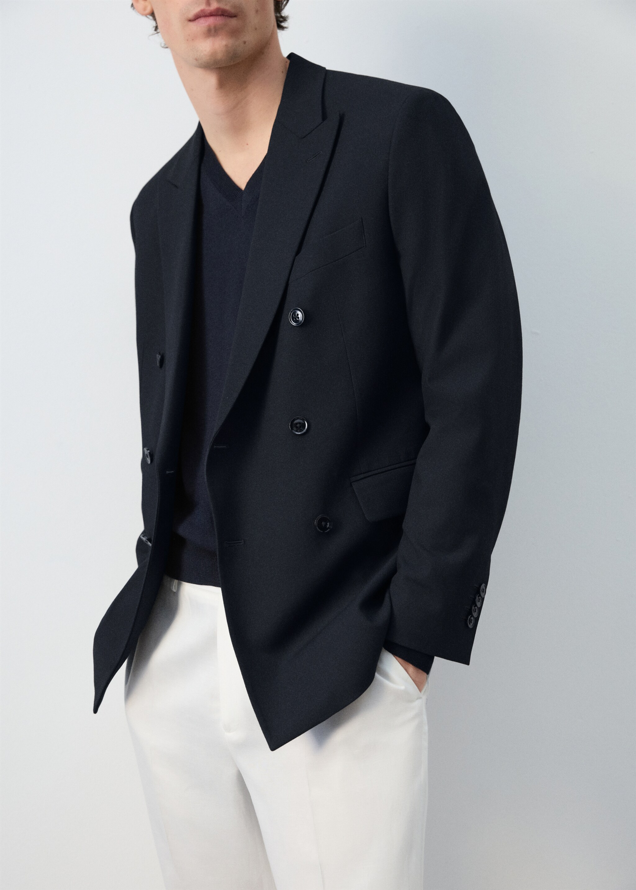 Monaco double-breasted slim-fit suit jacket - Reverse of the article, Navy. Ref: 27025943-05.