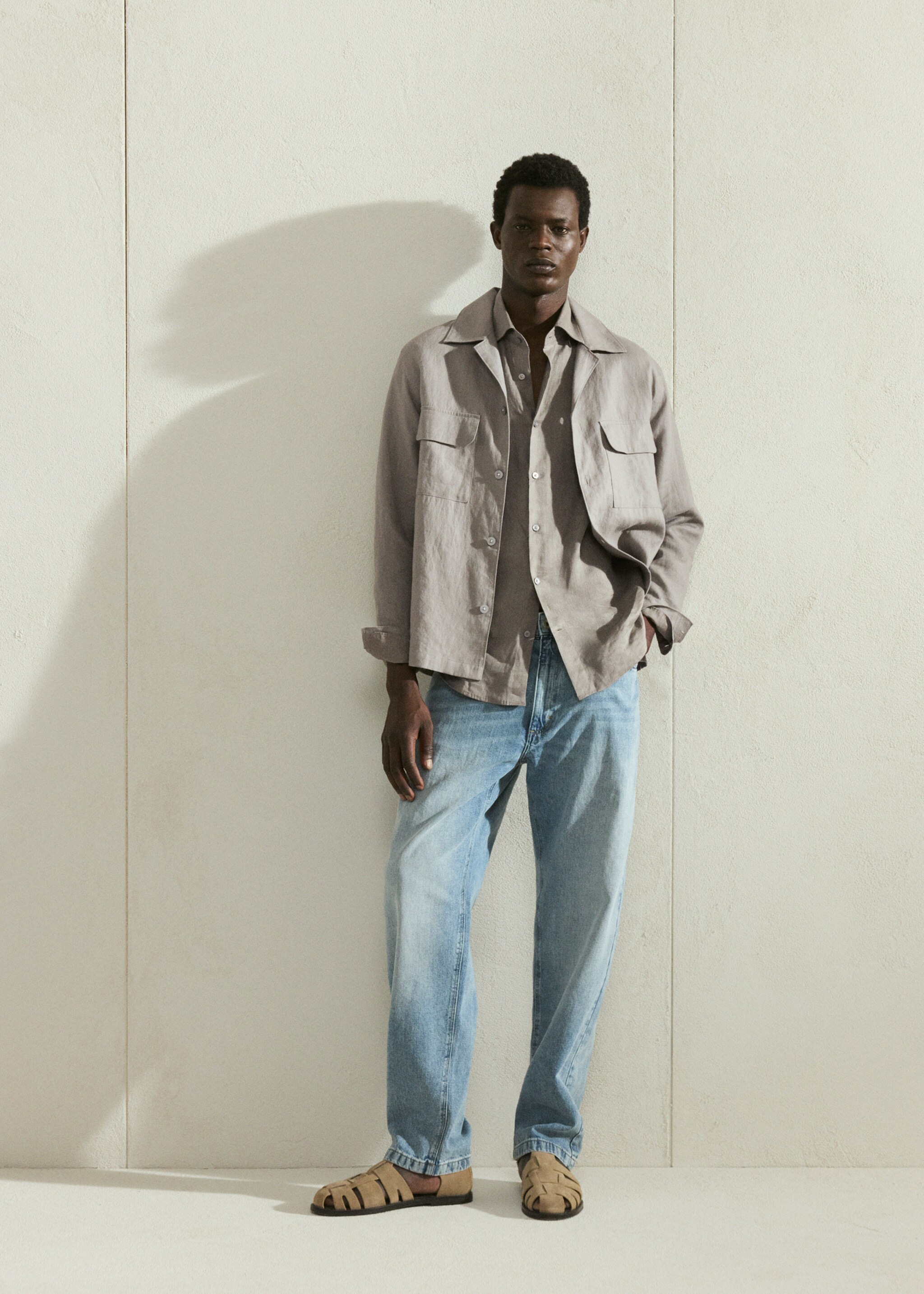 Bowling collar overshirt 100% linen - Details of the article 5, Medium Brown. Ref: 27026712-01.