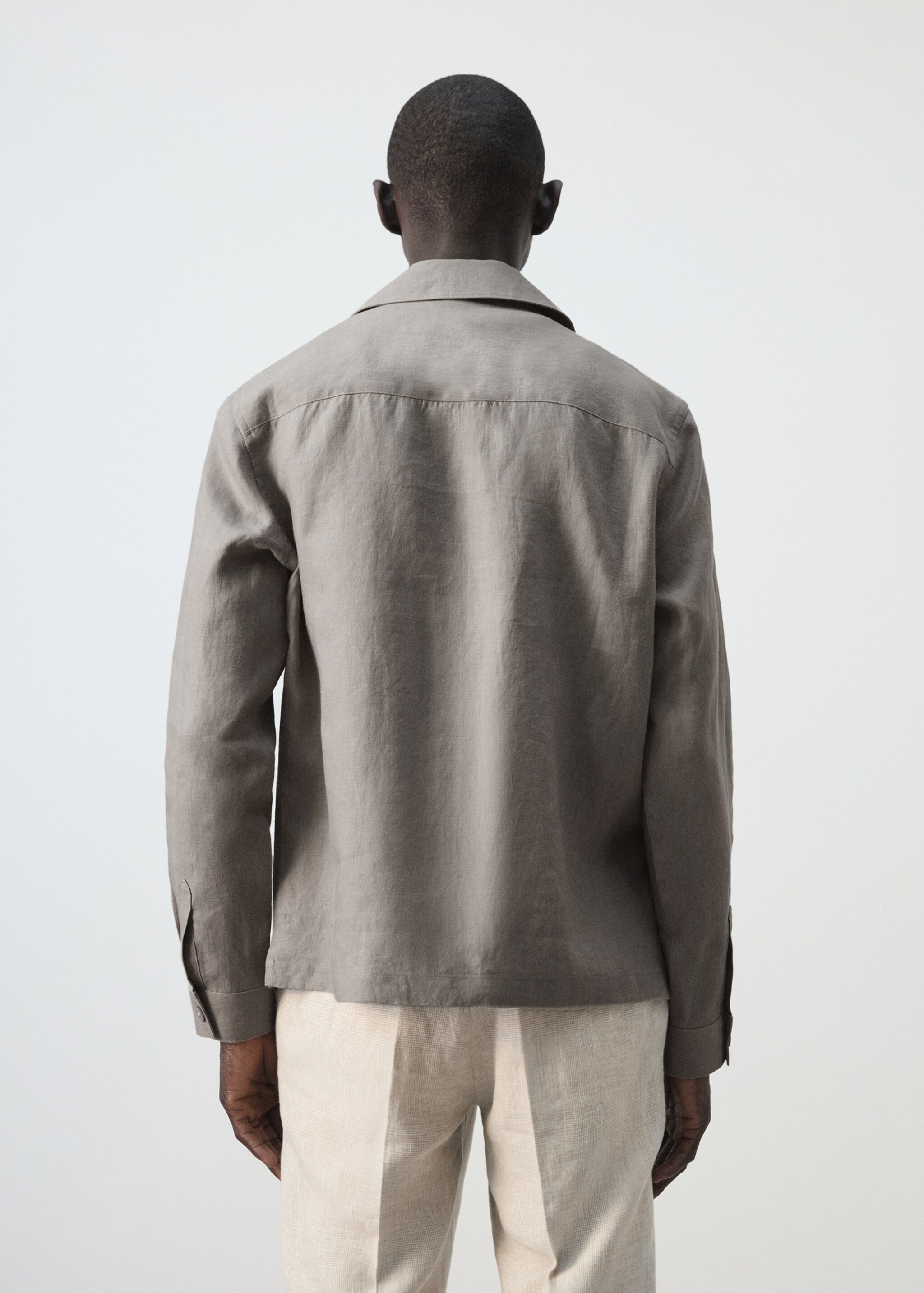 Bowling collar overshirt 100% linen - Reverse of the article, Medium Brown. Ref: 27026712-01.