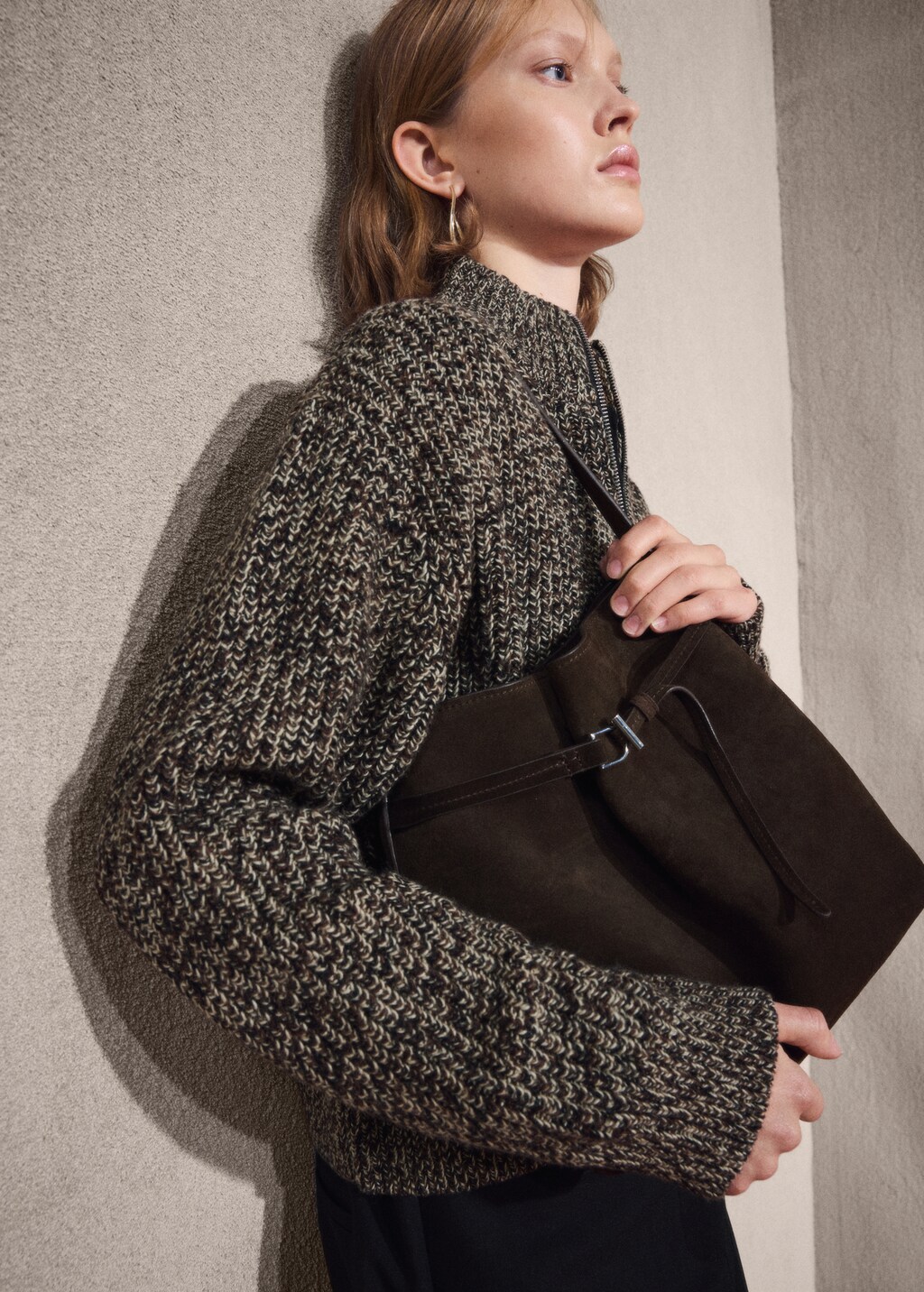 Suede bucket bag with buckle