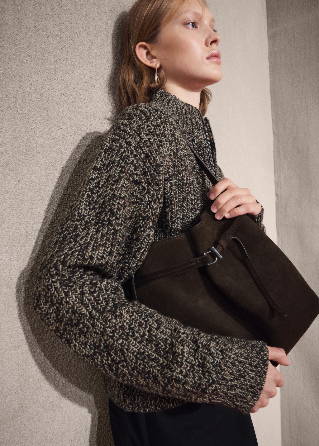 Suede bucket bag with buckle