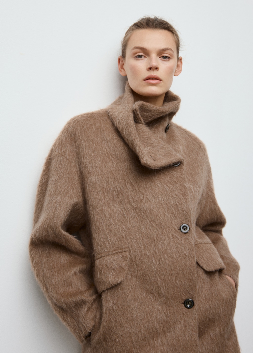 Wool-blend funnel-neck coat