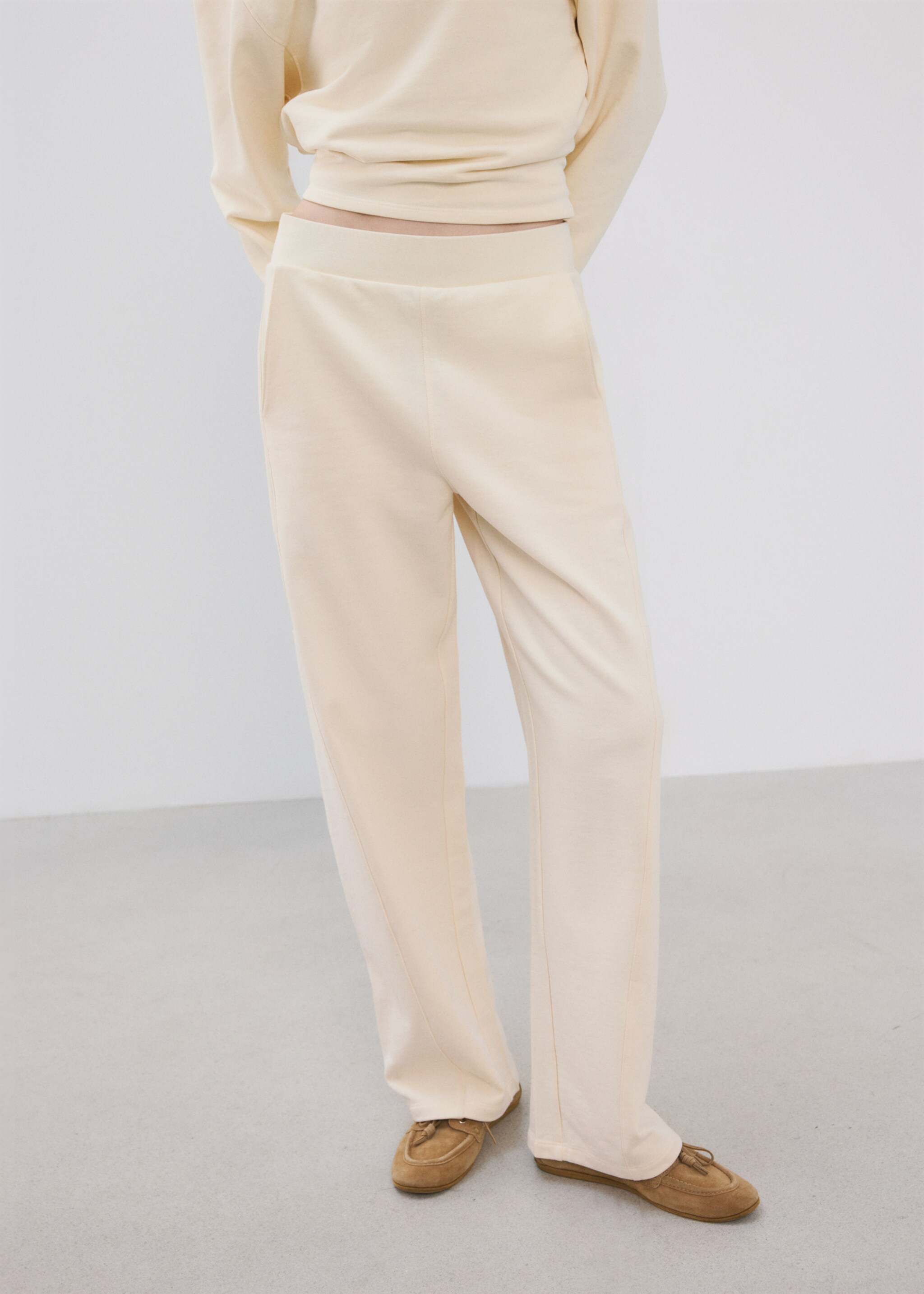 Elastic waist cotton trousers - Medium plane, Pastel Yellow. Ref: 27033336-01.