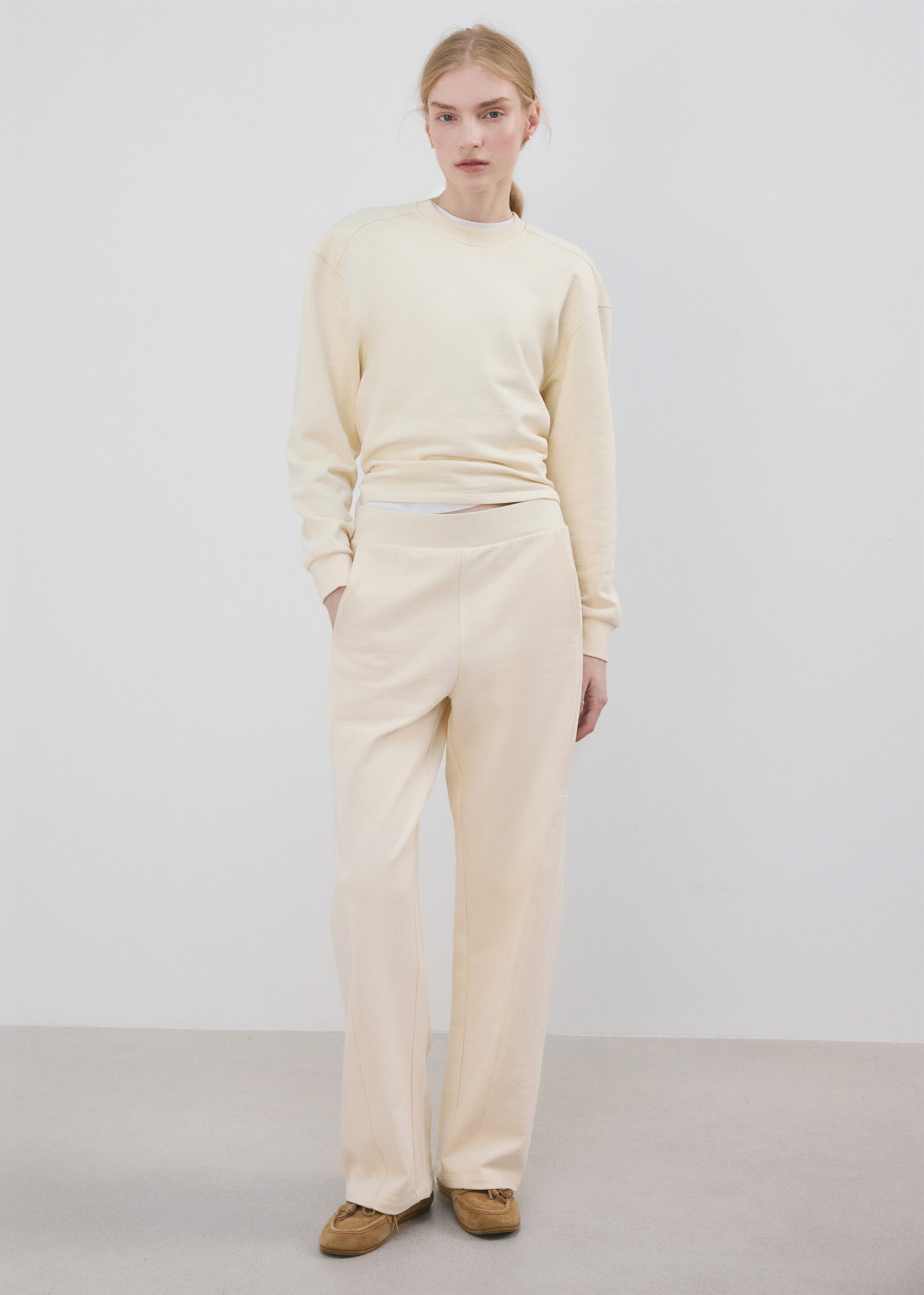 Elastic waist cotton trousers - General plane, Pastel Yellow. Ref: 27033336-01.
