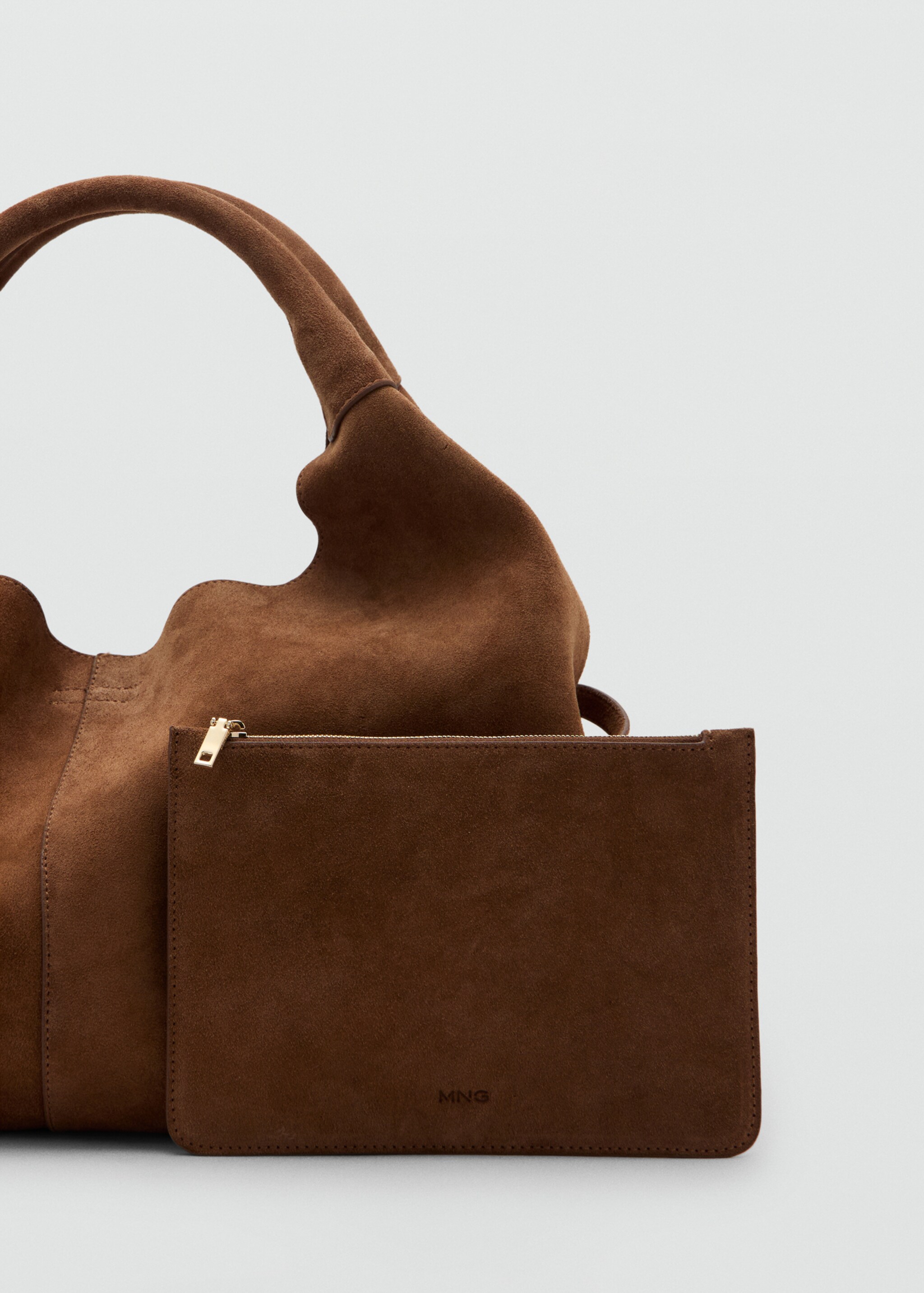 Suede shoulder bag with stitching - Details of the article 1, Brown. Ref: 27034789-02.