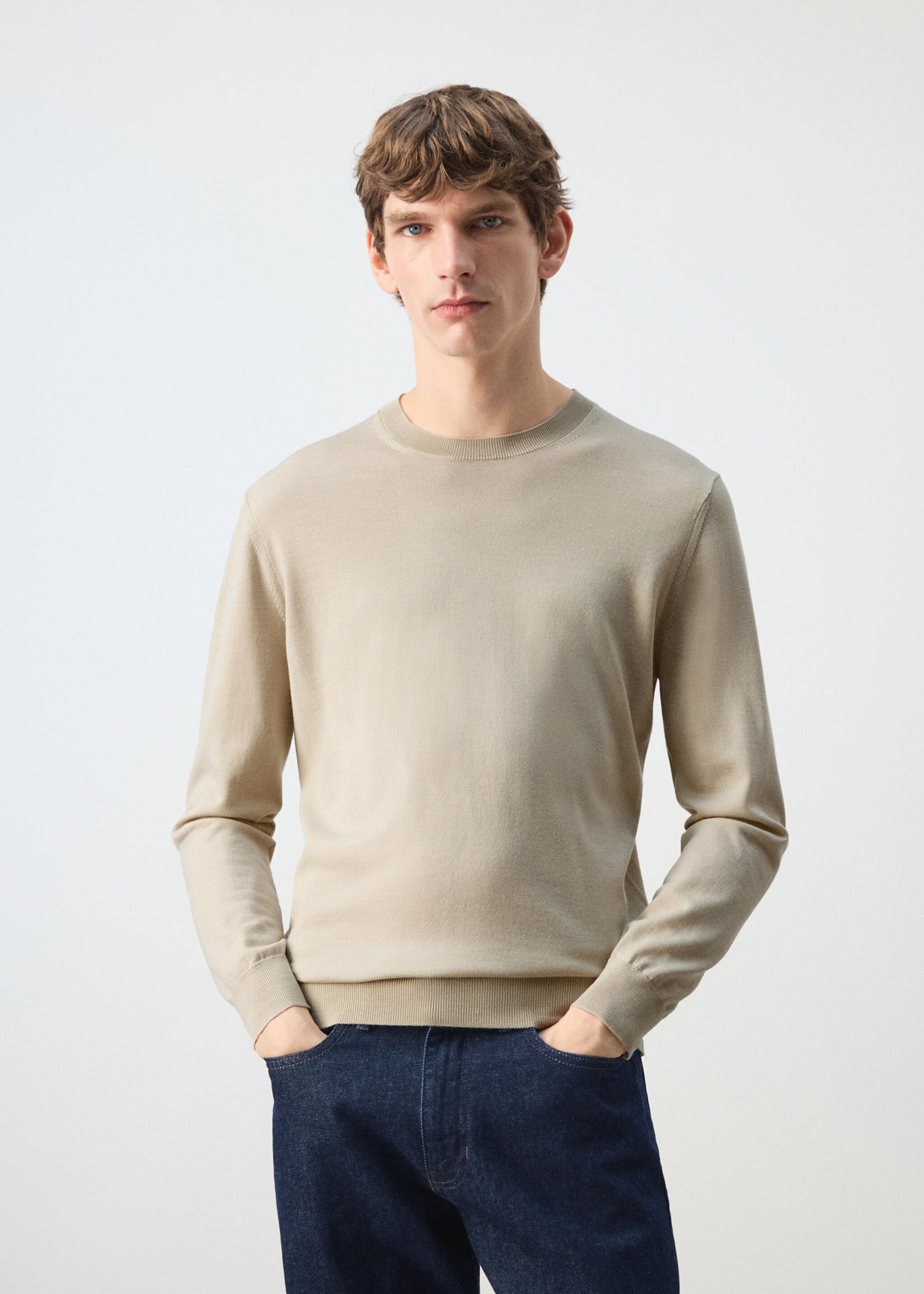 Pull 100 % laine maille fine - Plan moyen, Beige. Ref: 27041284-01.