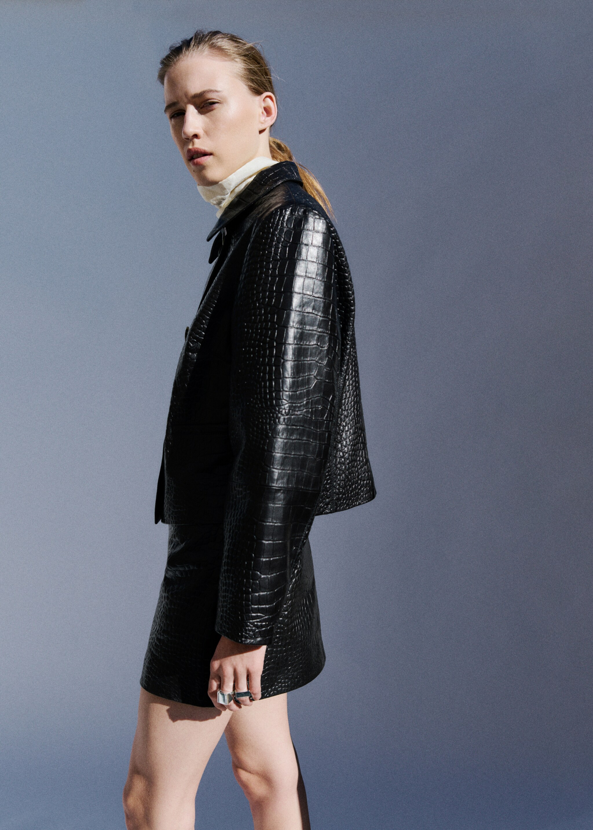 Leather miniskirt with crocodile effect - Details of the article 1, Black. Ref: 27044773-04.