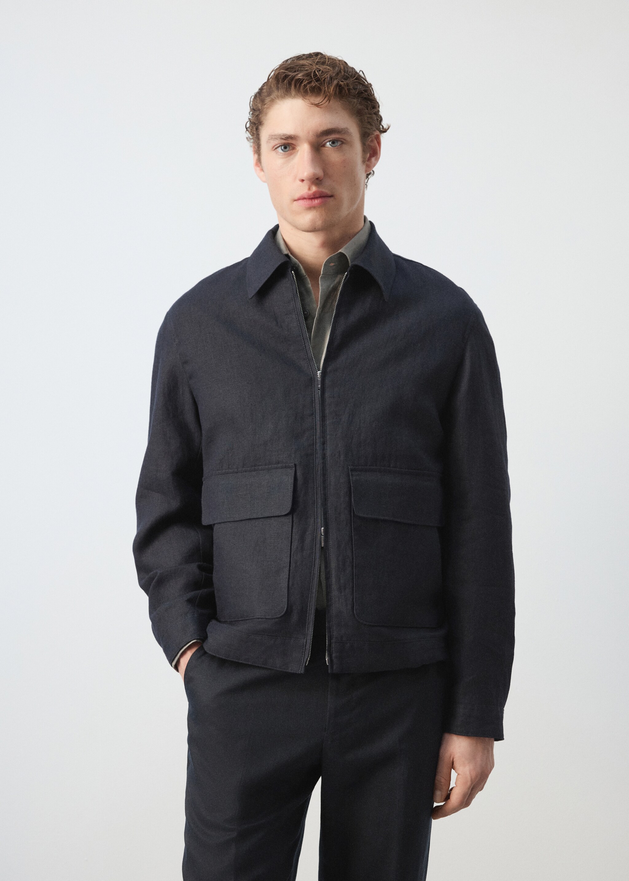 Veste 100 % lin poches - Plan moyen, Bleu marine. Ref: 27045930-01.