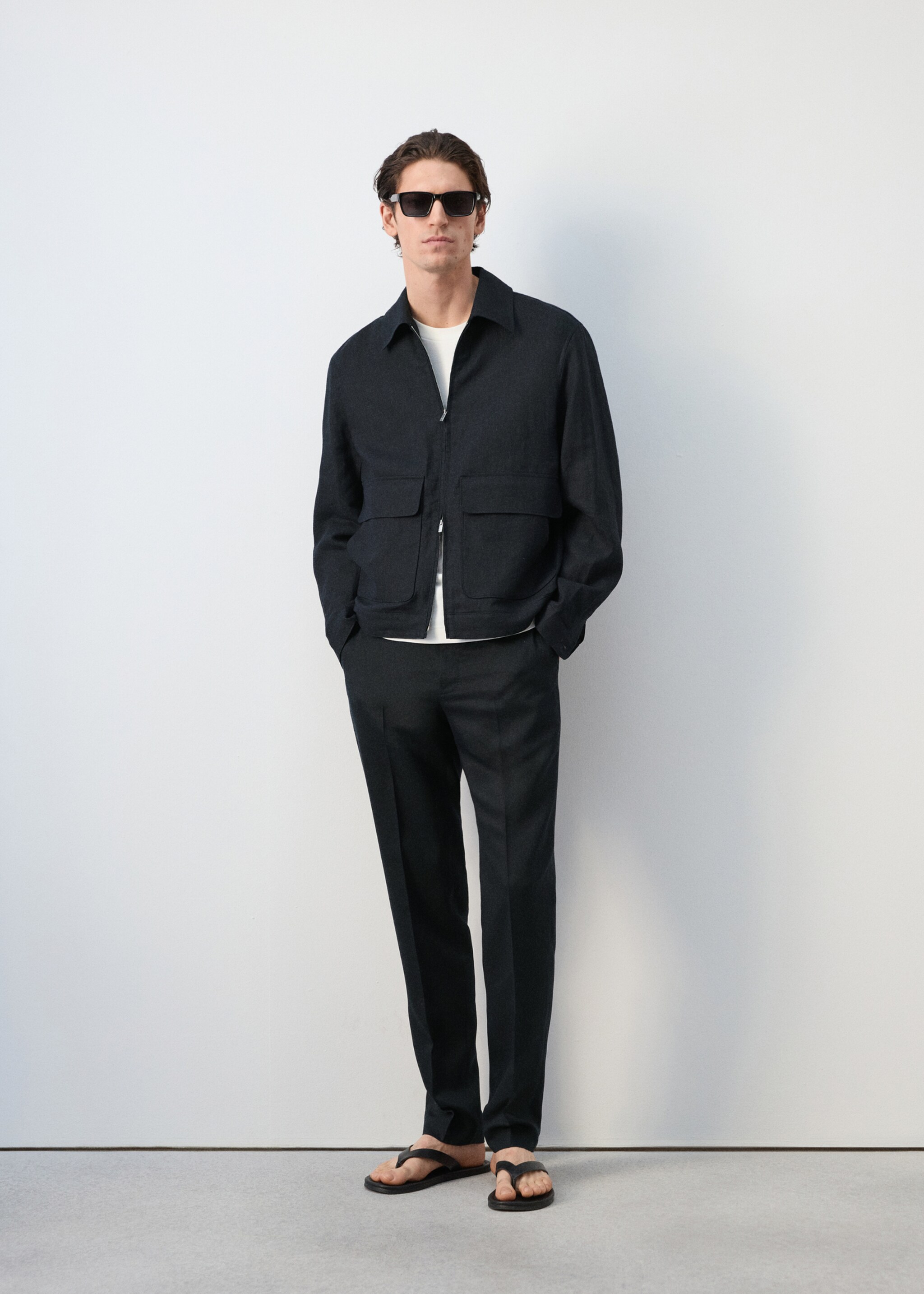 Chaqueta 100% lino bolsillos - Plano general, Azul marino. Ref: 27045930-04.