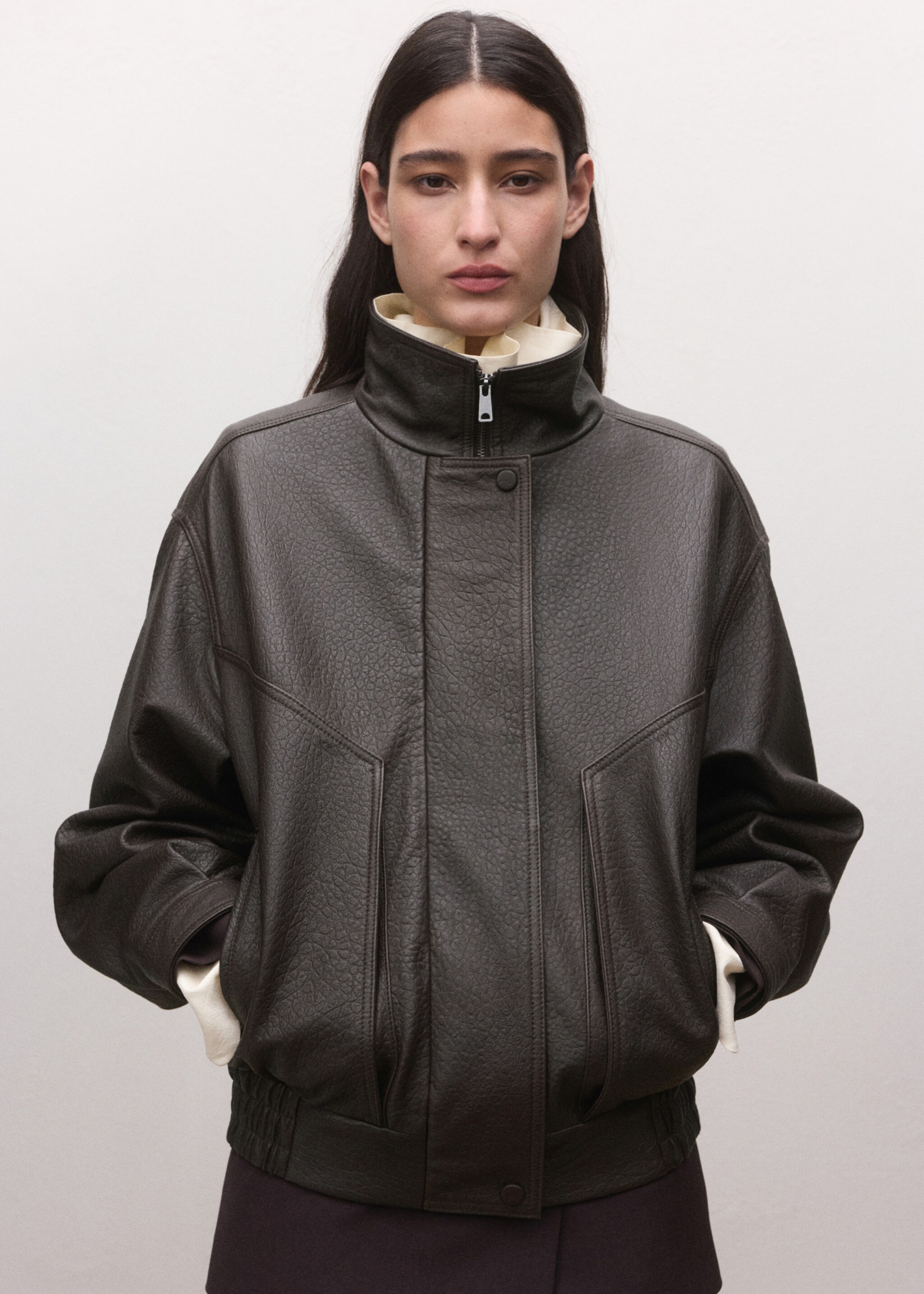 100% leather oversized funnel neck jacket - Medium plane, Brown. Ref: 27054773-02.