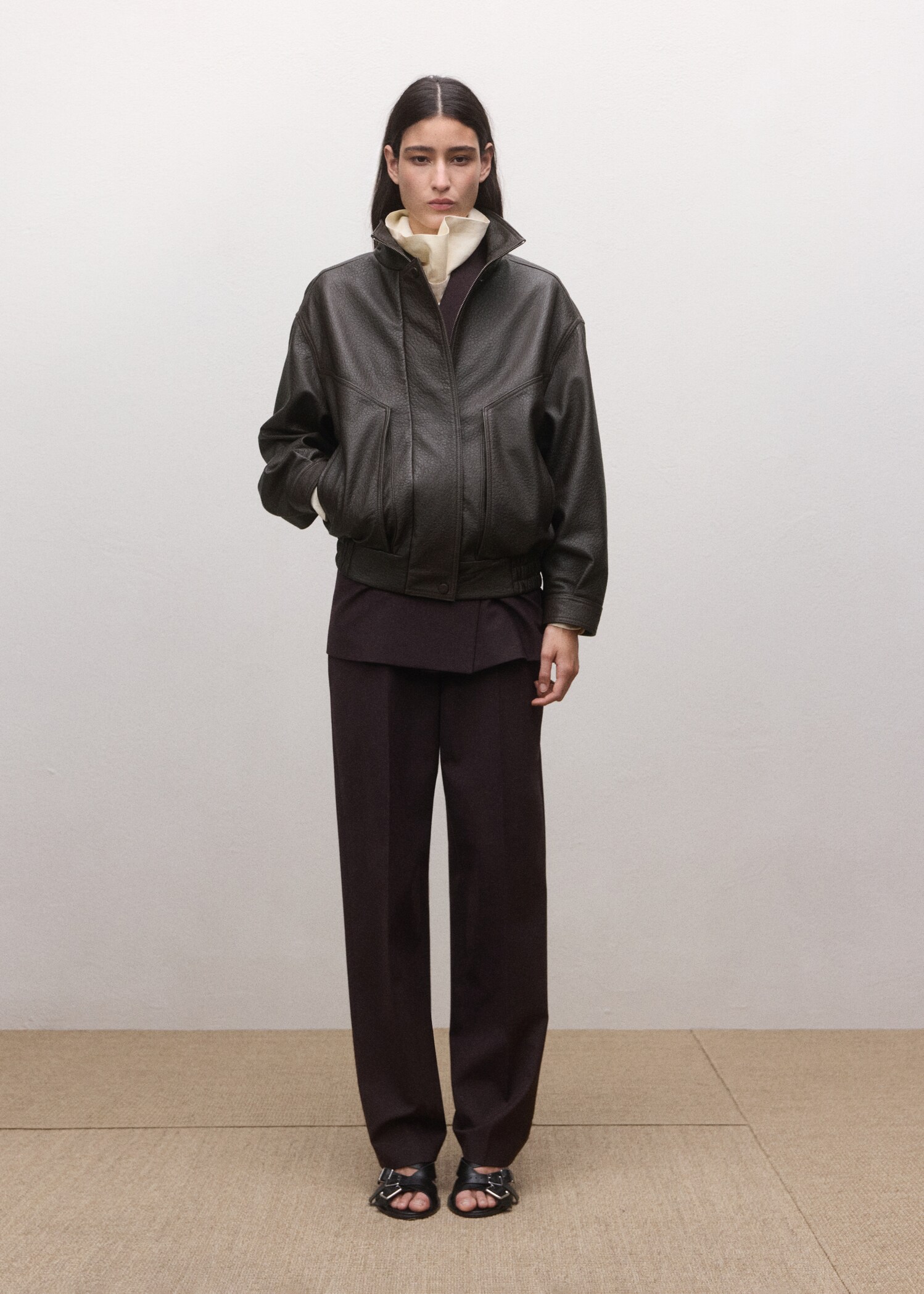 100% leather oversized funnel neck jacket - General plane