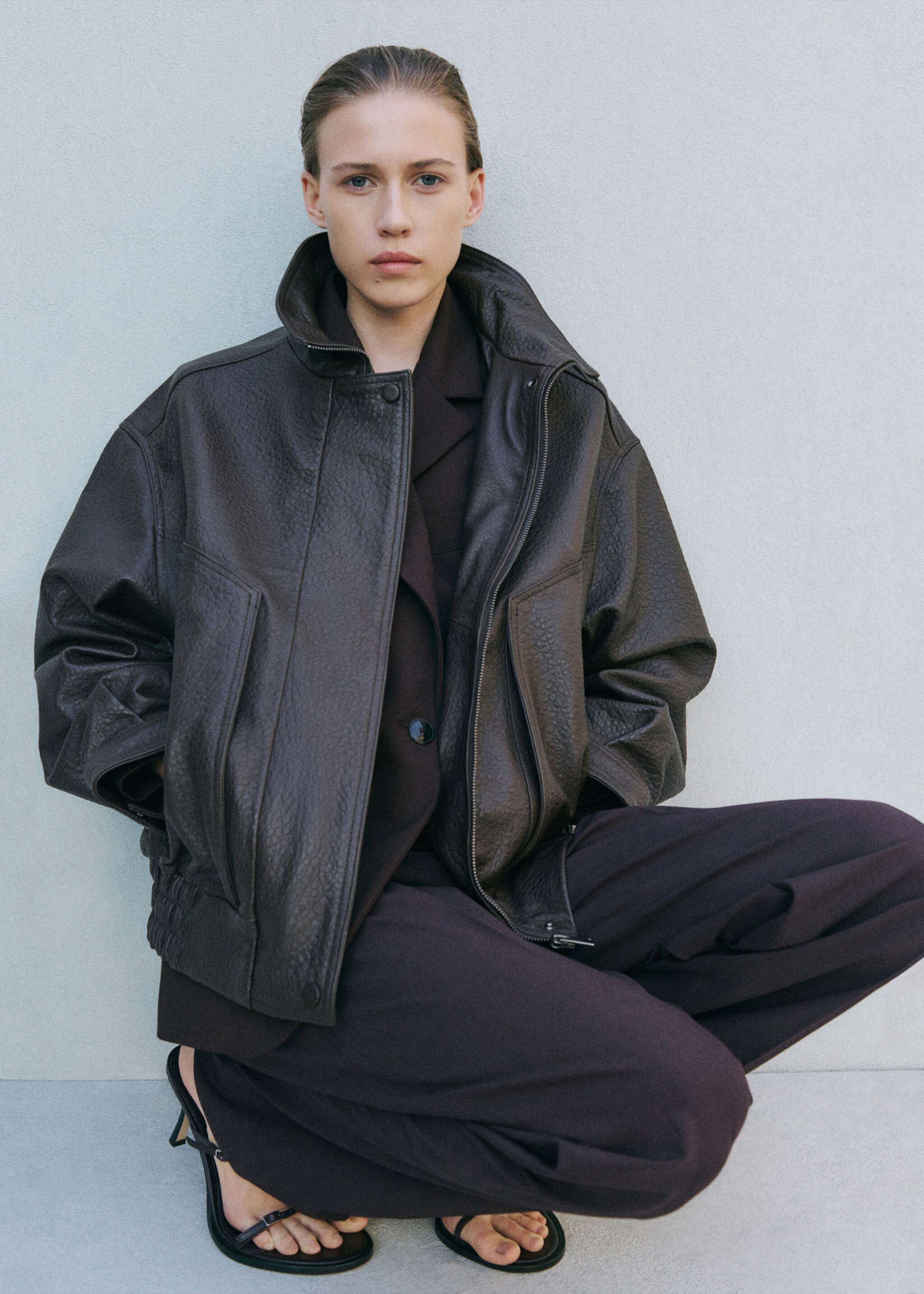 Oversized leather jacket - Medium plane, Brown. Ref: 27054773-04.