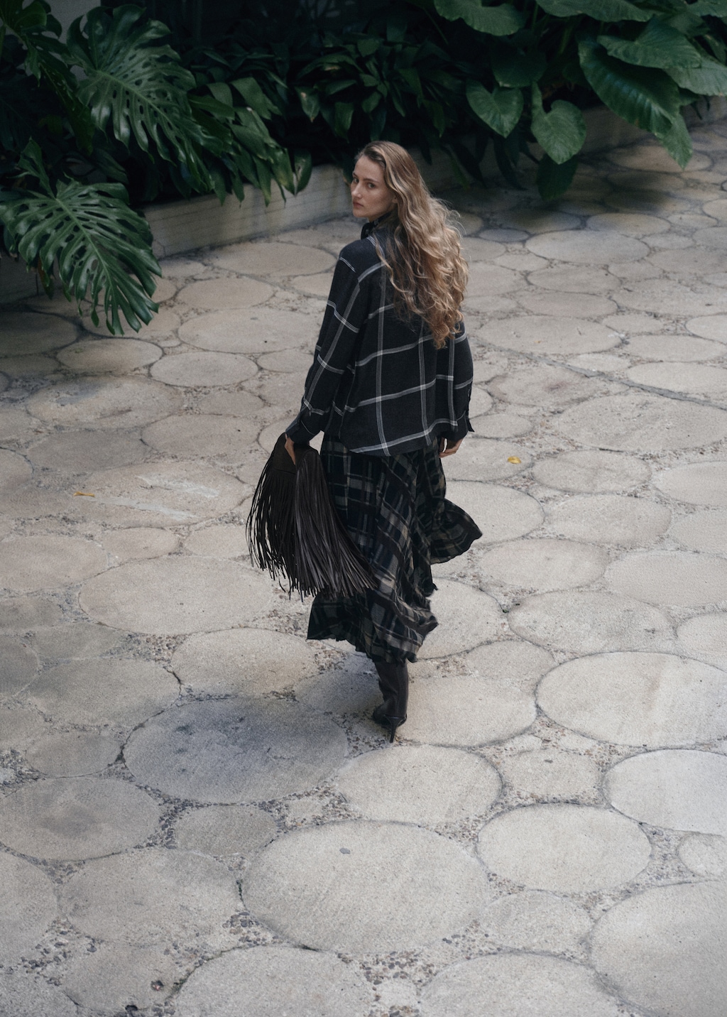 Blouse with check pattern and foulard collar