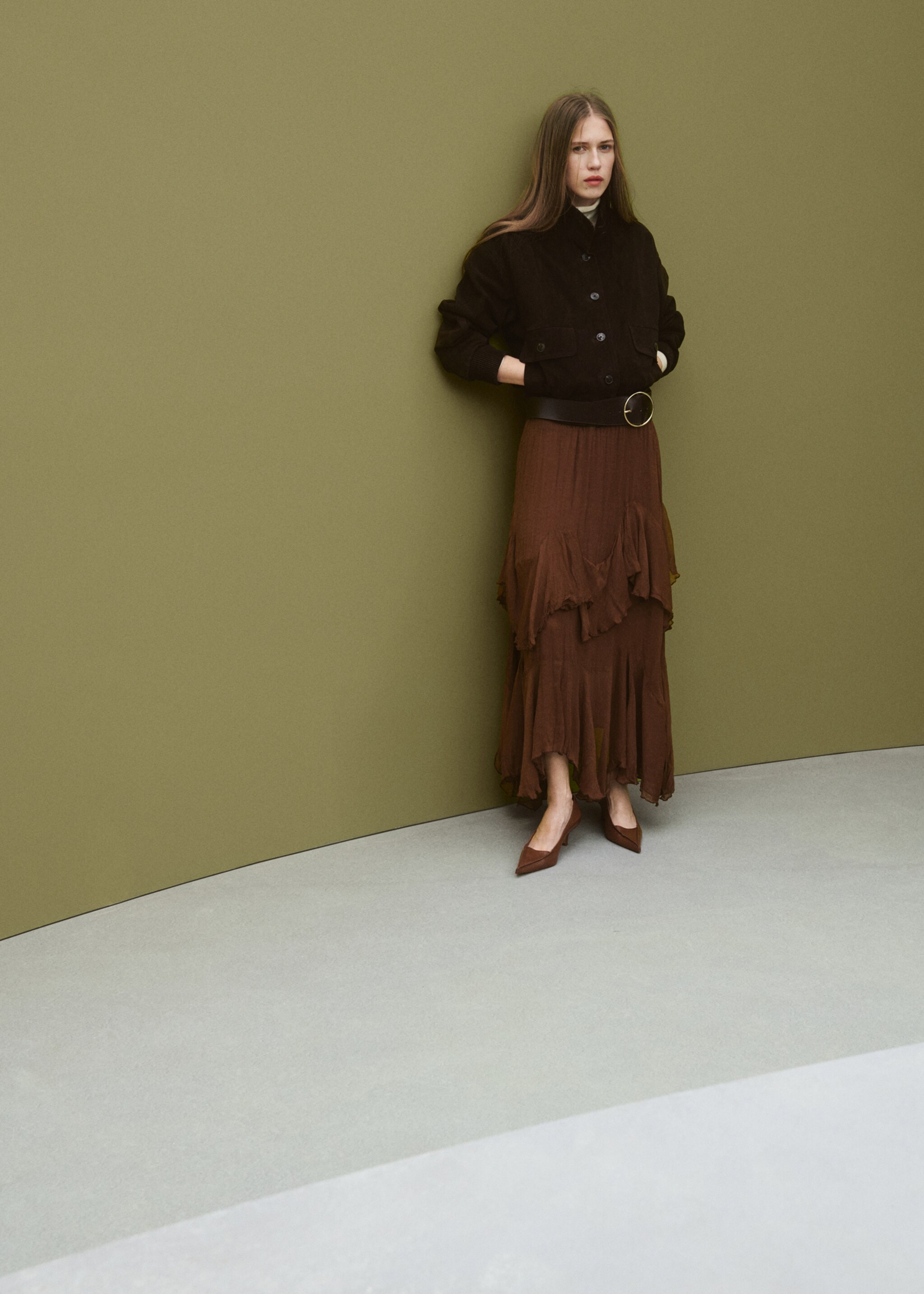 Ruffled chiffon skirt - Details of the article 1, Brown. Ref: 27064446-01.