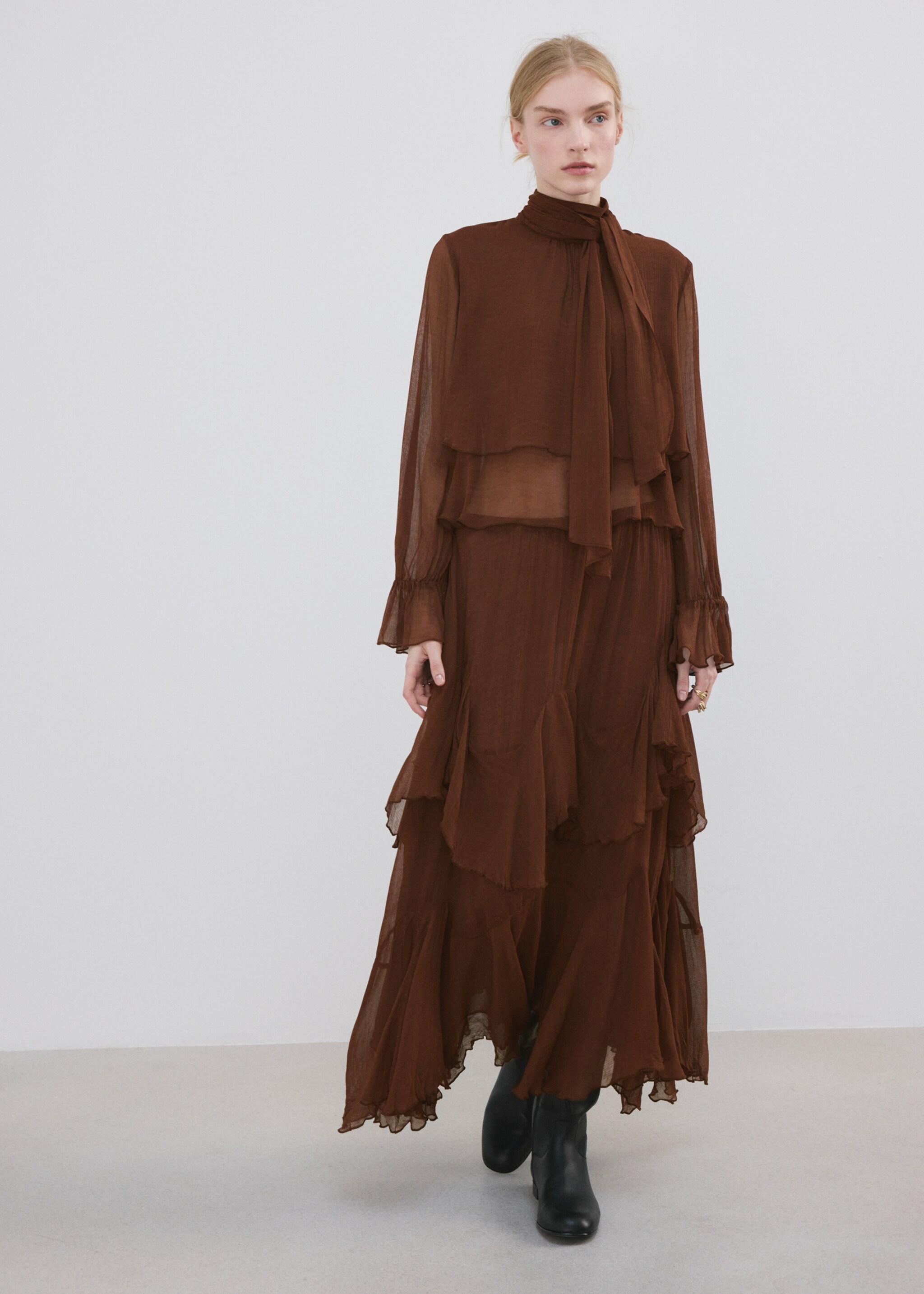 Ruffled chiffon skirt - General plane, Brown. Ref: 27064446-01.