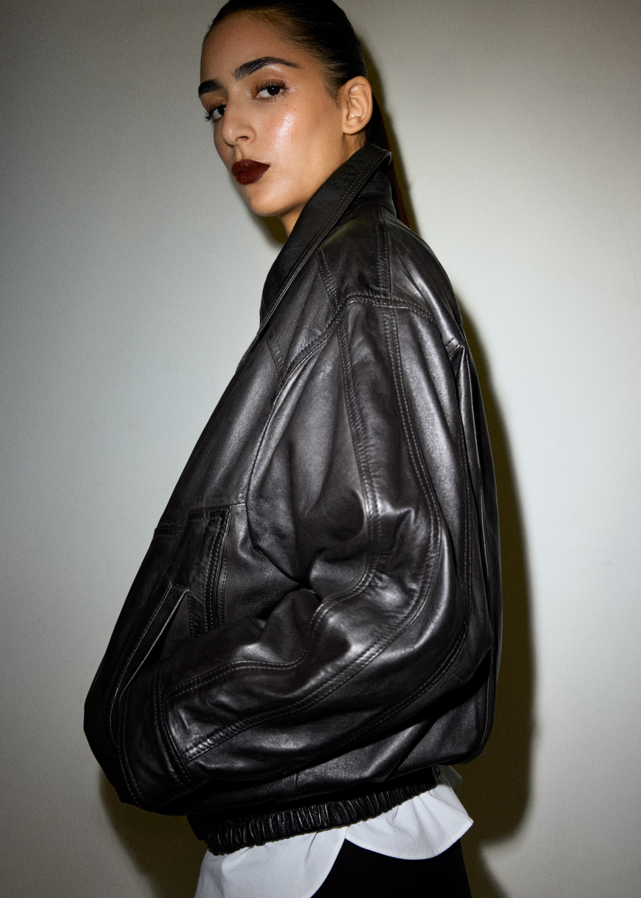 Oversized leather jacket - Medium plane, Brown. Ref: 27071285-02.