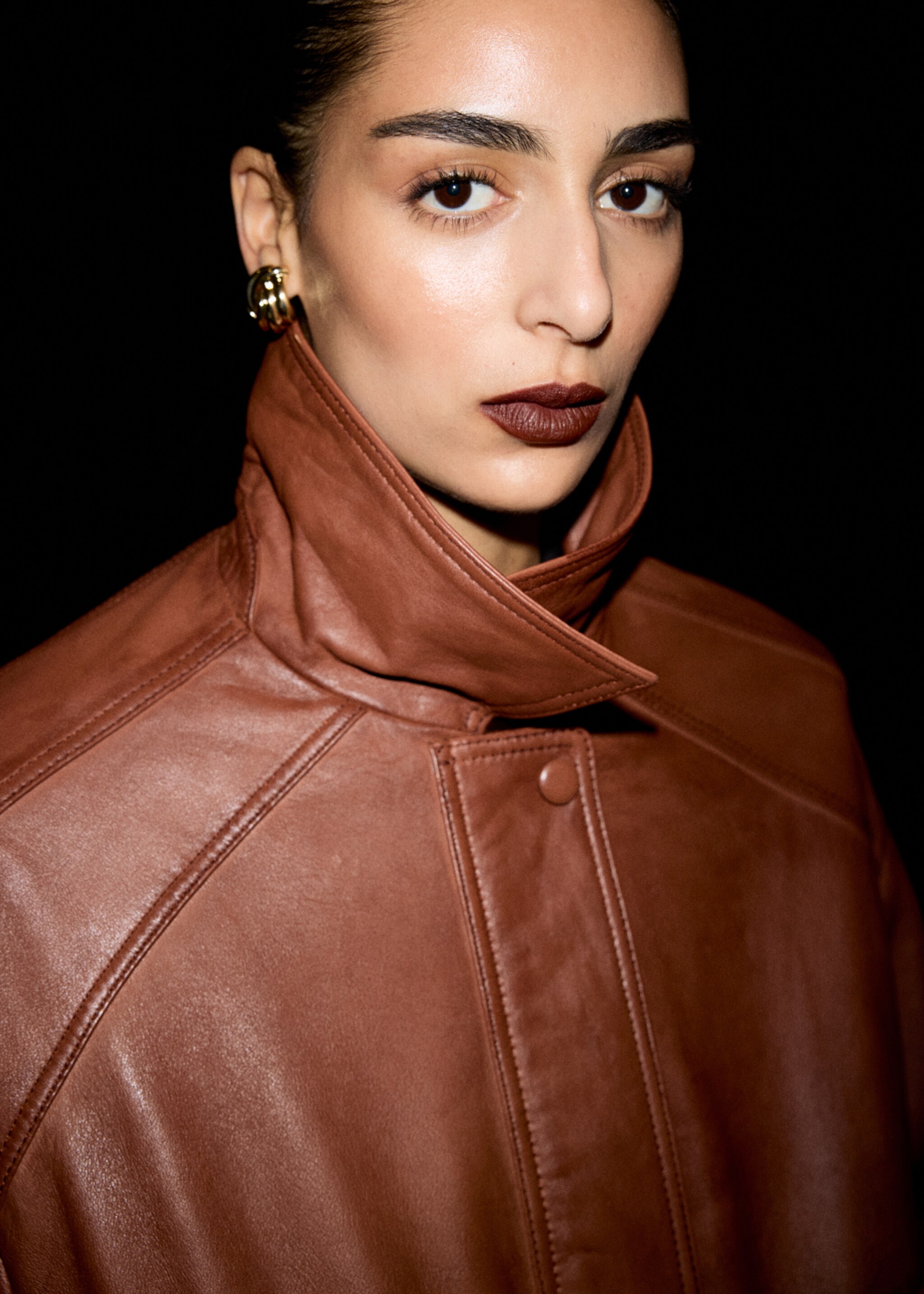 Oversized leather jacket - Details of the article 1, Cognac. Ref: 27071285-02.