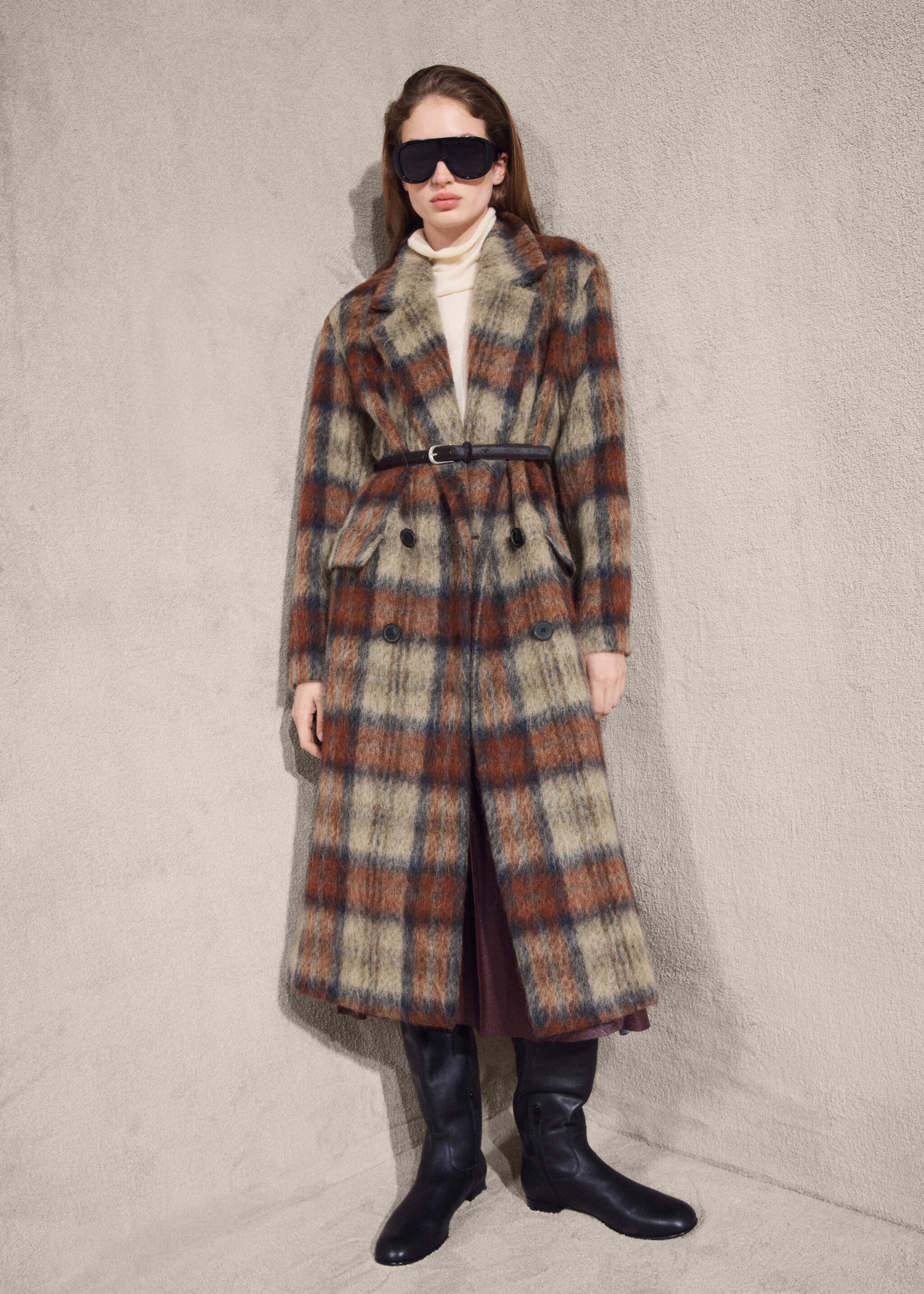 Wool-blend check coat - General plane, Beige. Ref: 27071313-05.