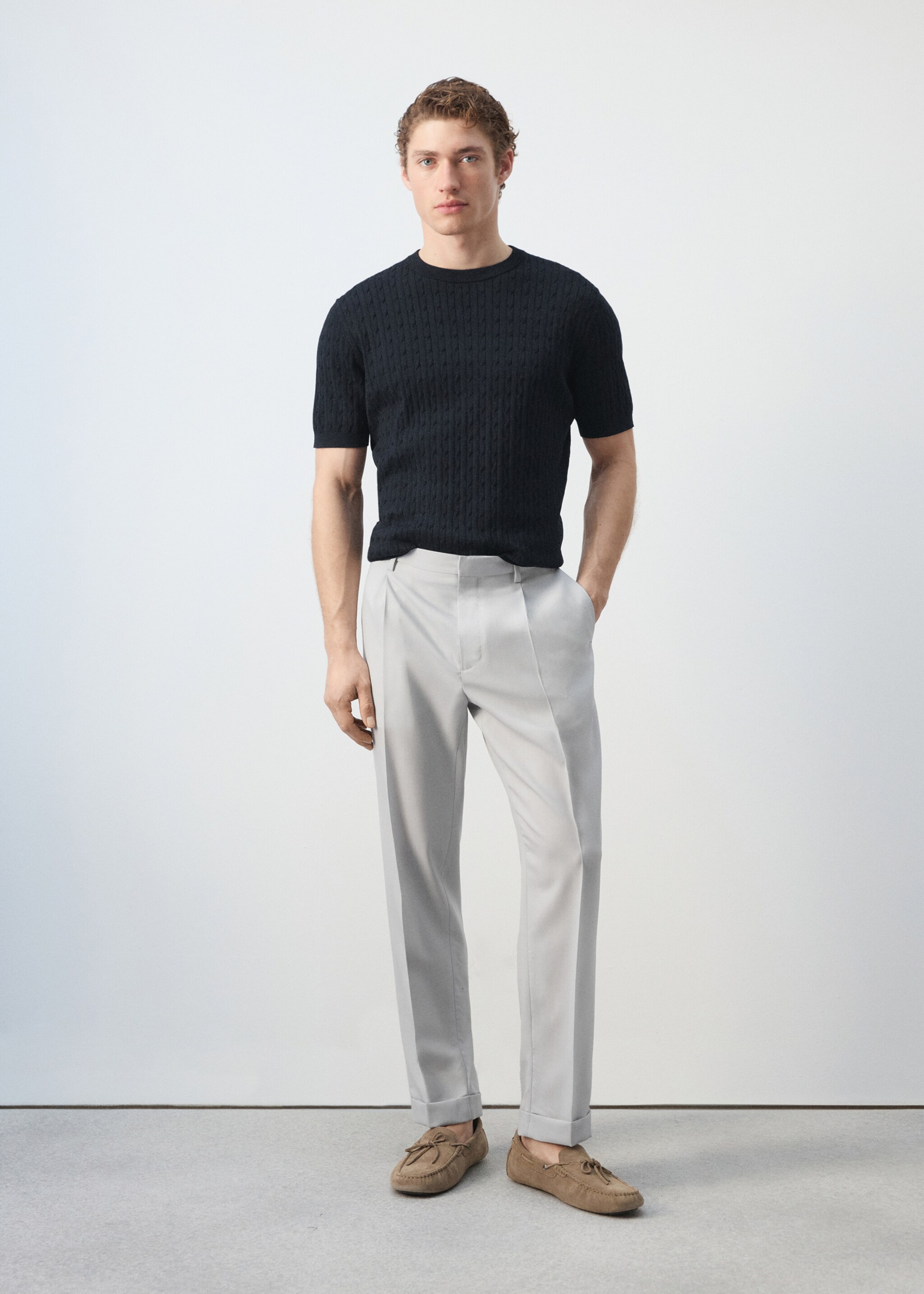 T-shirt maille torsadée 100 % coton - Plan général, Bleu nuit. Ref: 27075939-01.