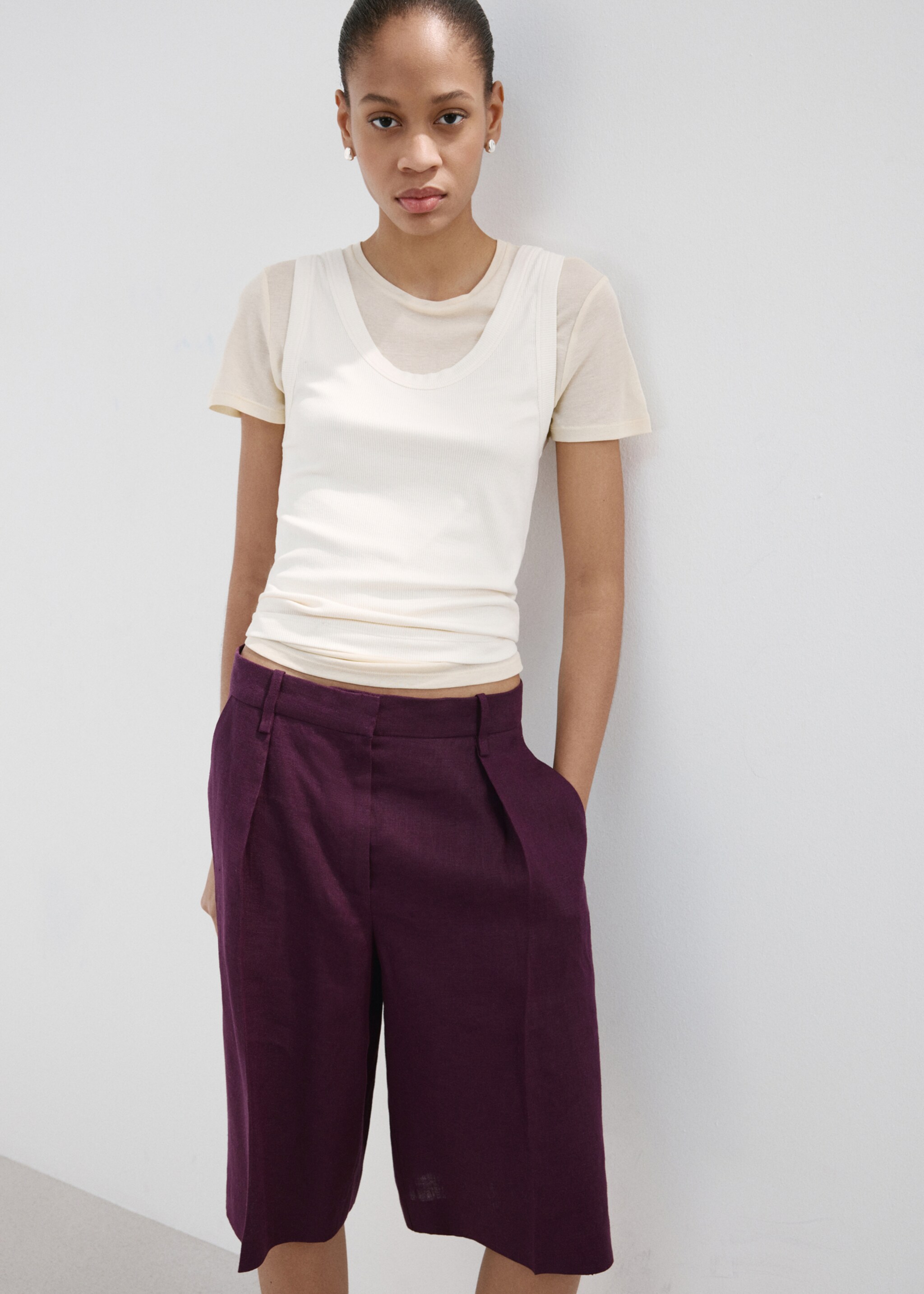 Bermudas lino rectas - Detalle del artículo 2, Morado. Ref: 27077158-01.