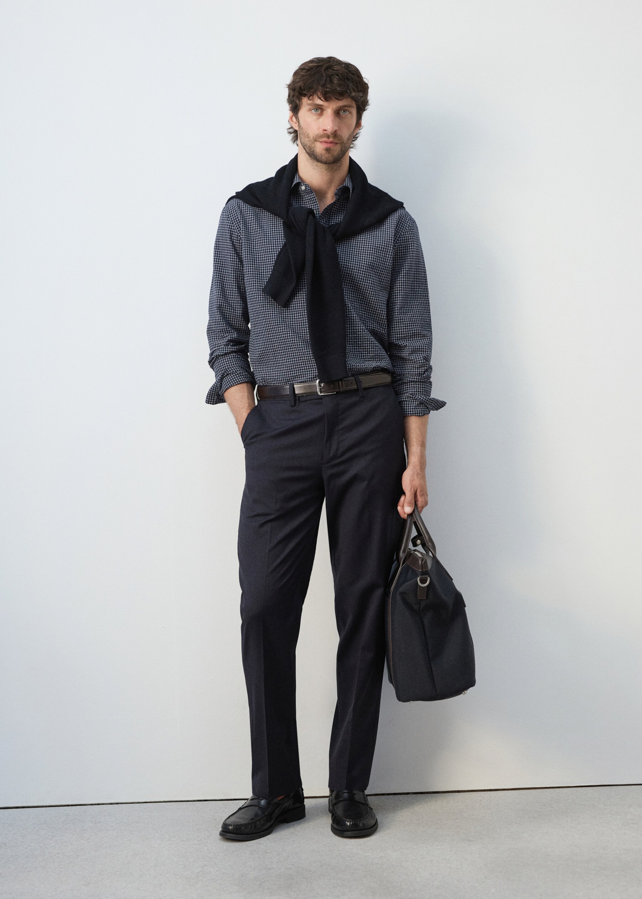 قميص قطني بطباعة مربعات منتظم - رؤية عامة, أزرق غامق. Ref: 27084424-02.