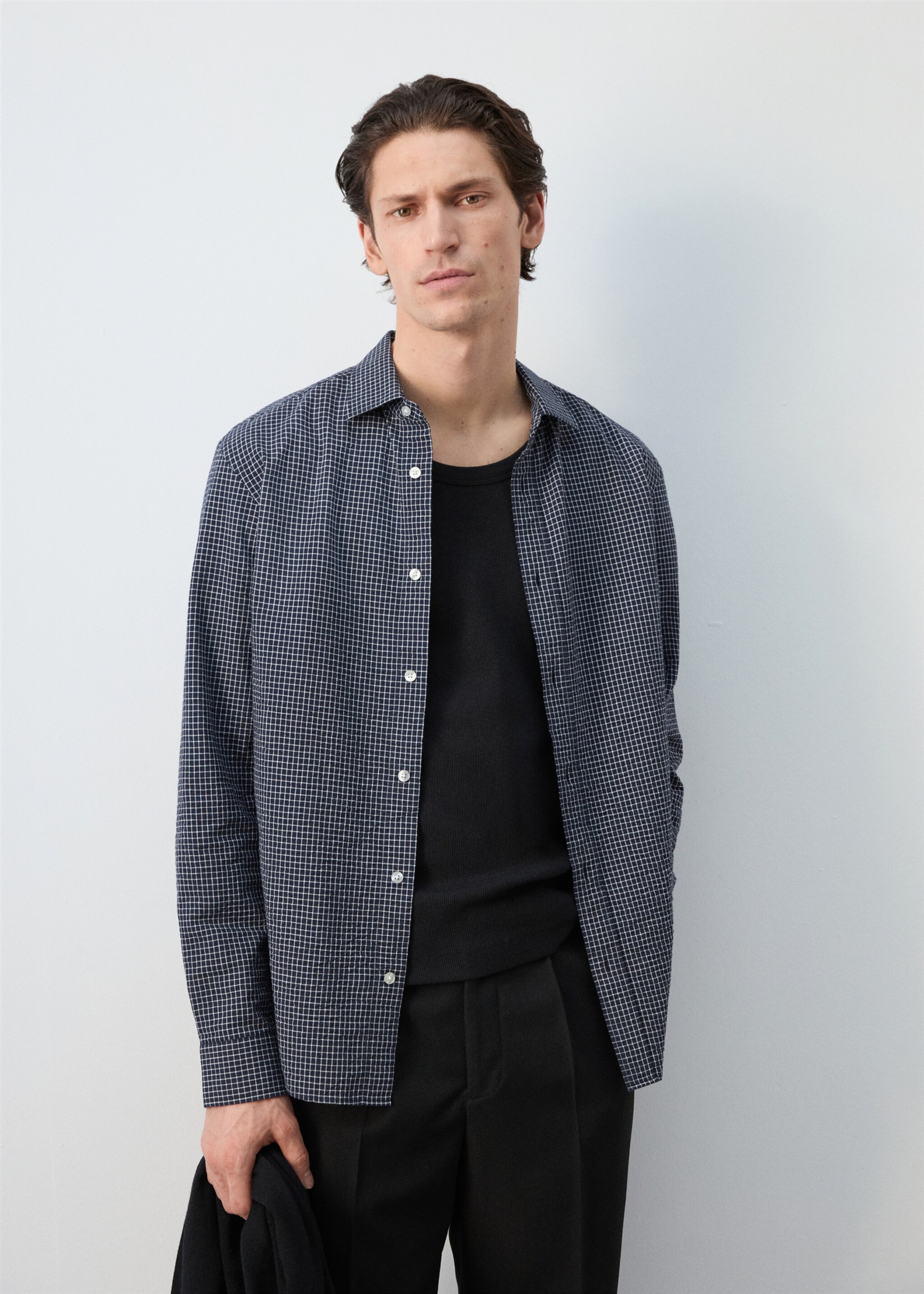 Regular fit check cotton shirt - Medium plane, Navy. Ref: 27084424-03.