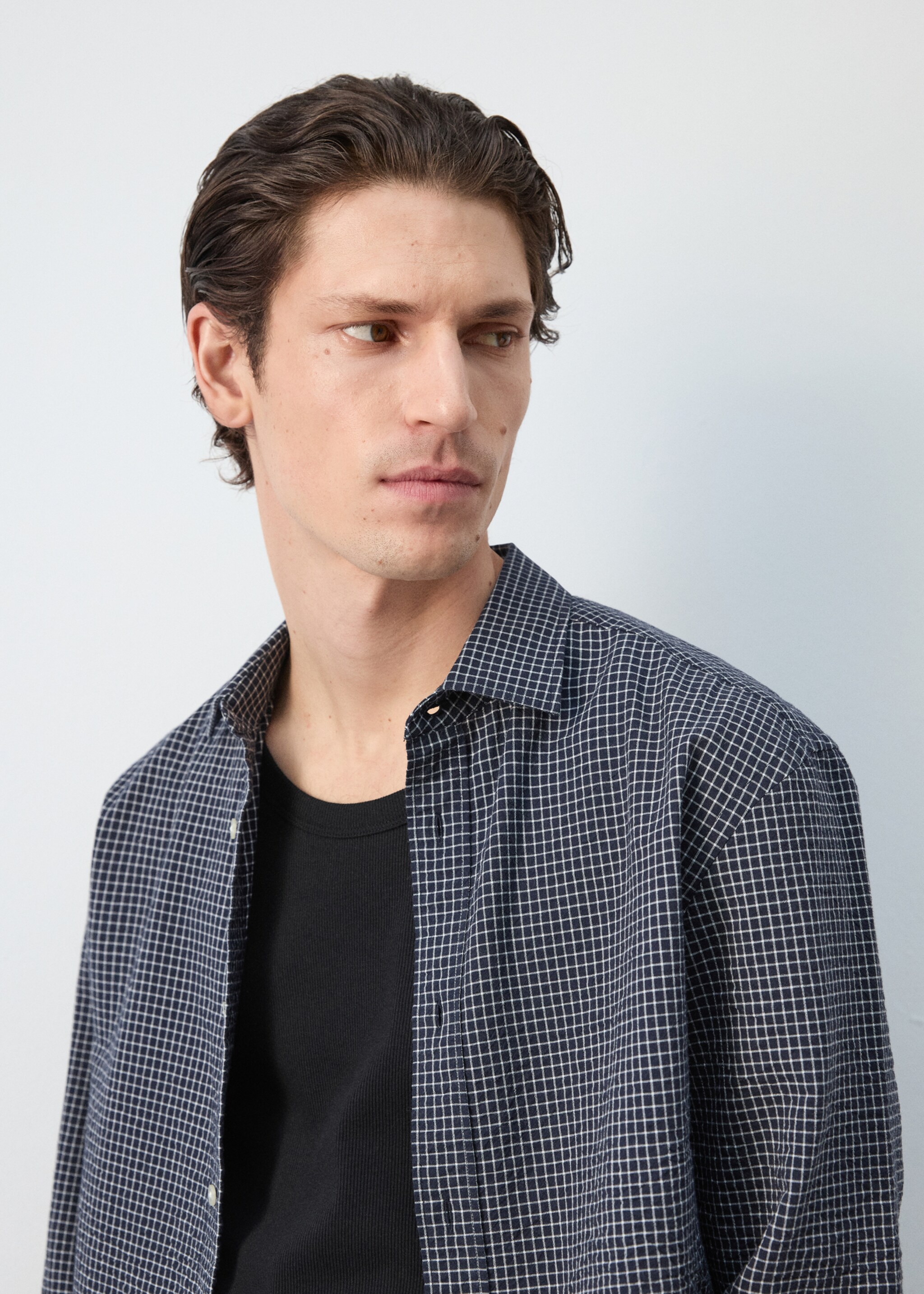 Regular fit check cotton shirt - Reverse of the article, Navy. Ref: 27084424-03.