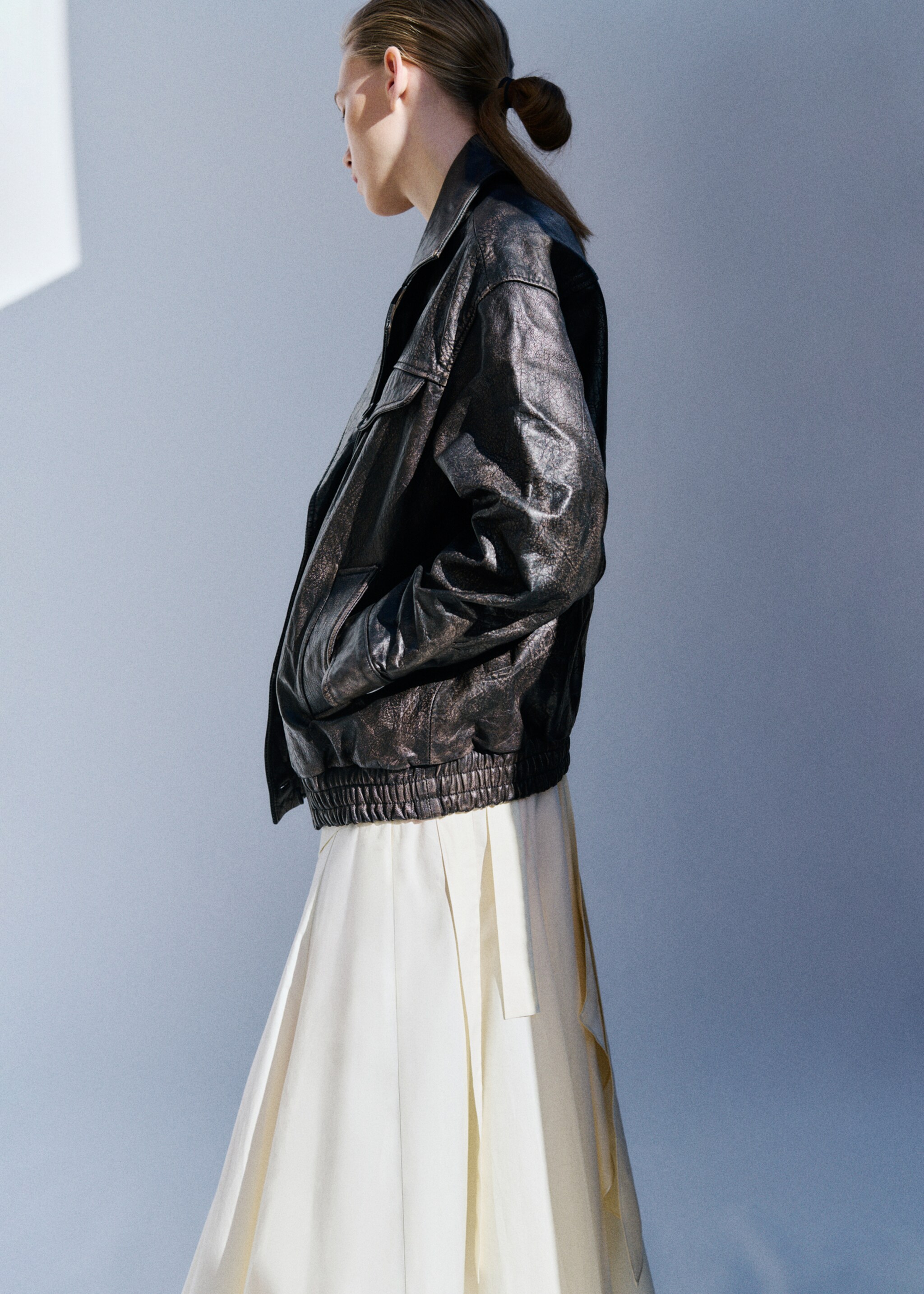 Veste 100 % cuir oversize boutons - Verso de l’article, Marron. Ref: 27084772-03.