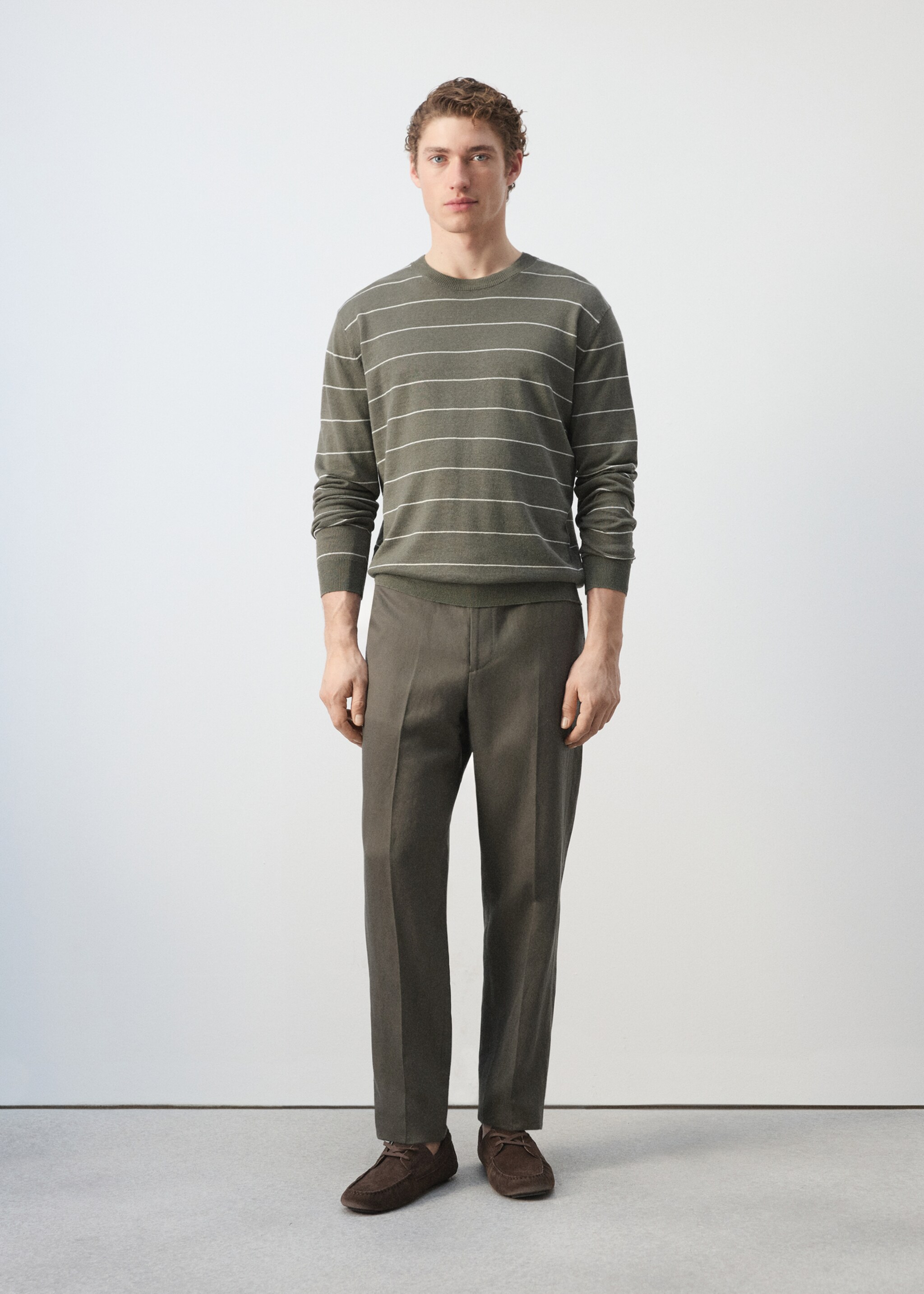 Linen blend fine knit striped jersey - General plane, Medium Brown. Ref: 27085938-02.