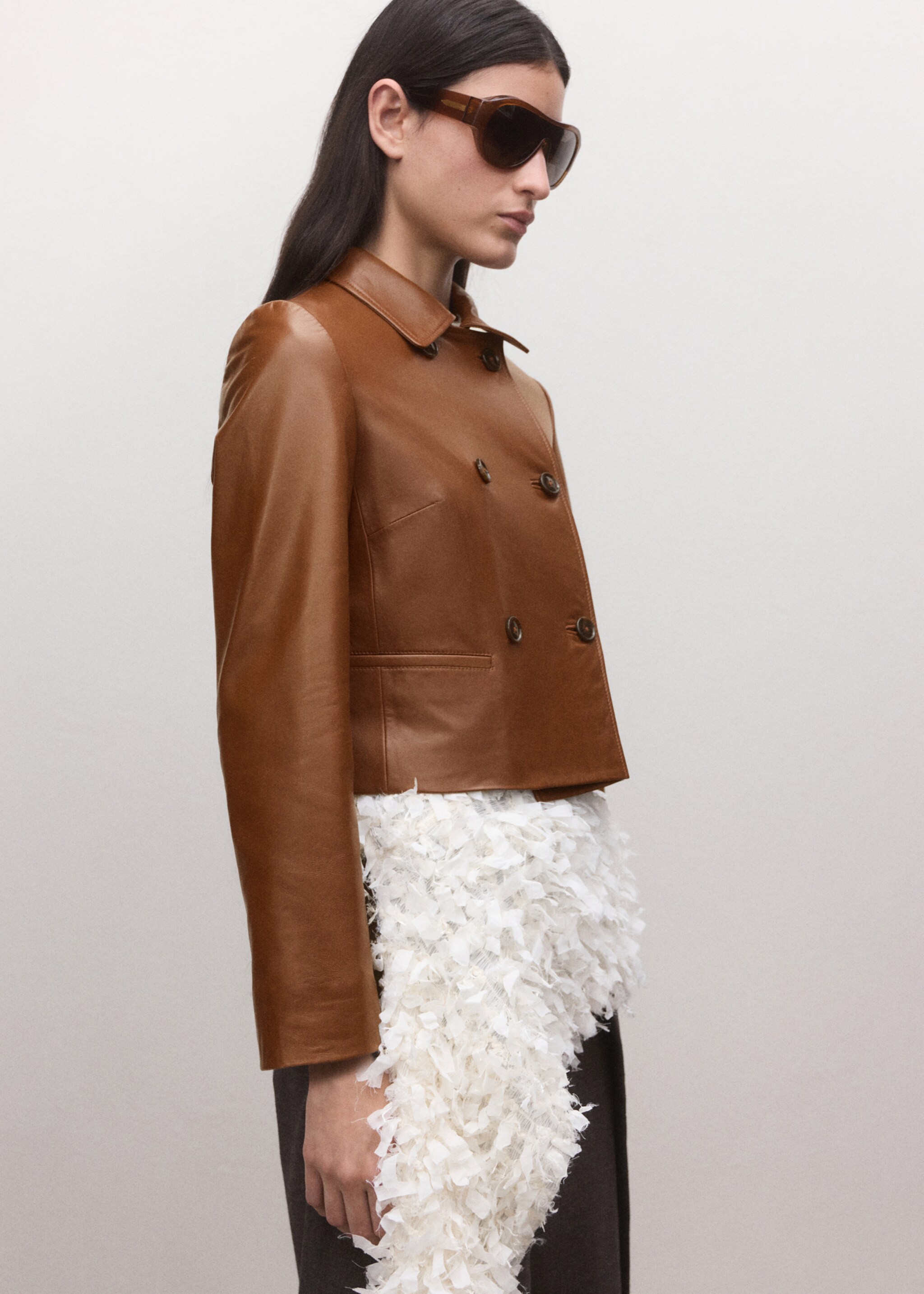 100% leather double-breasted jacket - Medium plane, Medium Brown. Ref: 27094432-01.