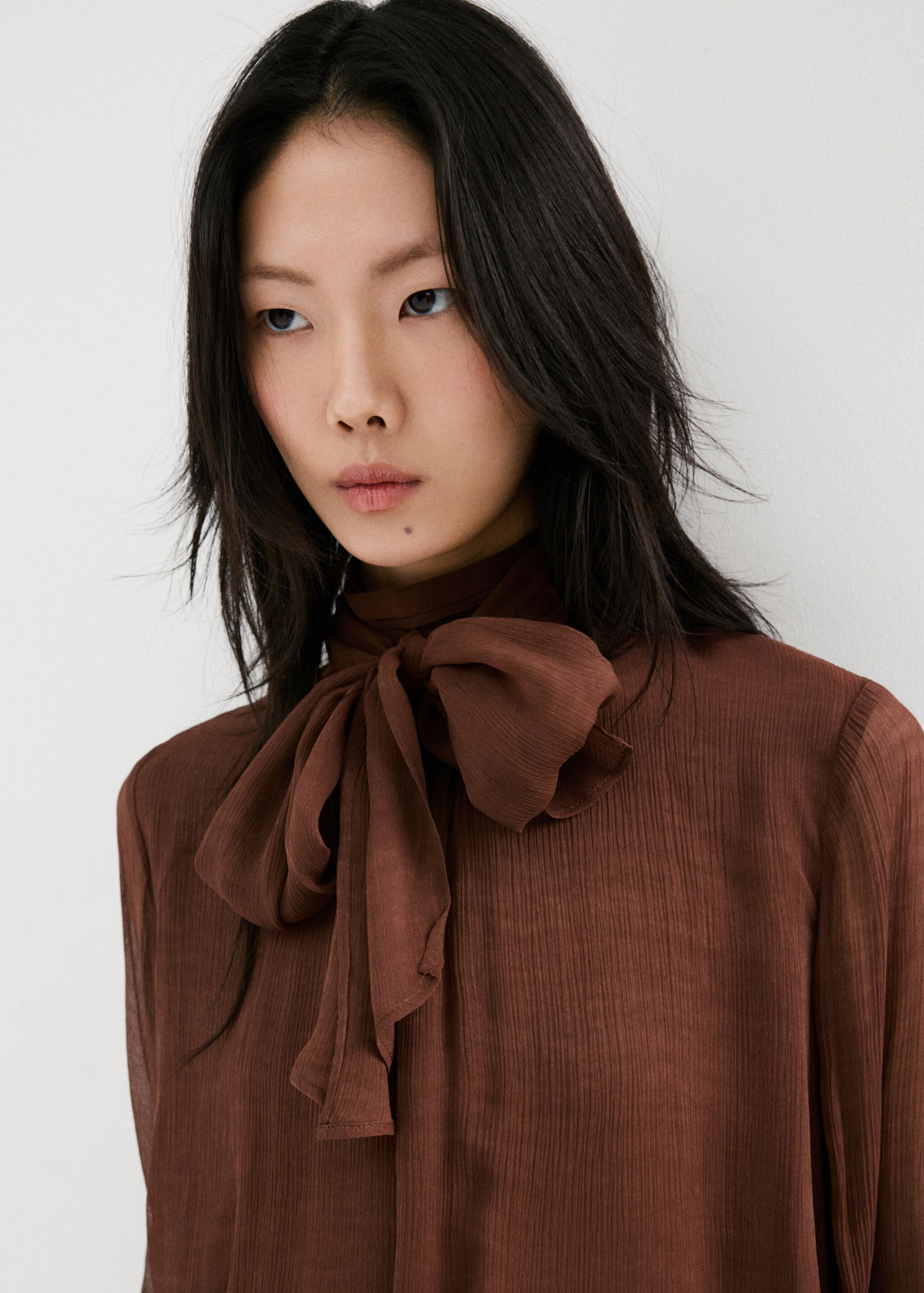 High-neck frilled blouse - Details of the article 4, Brown. Ref: 27094445-01.