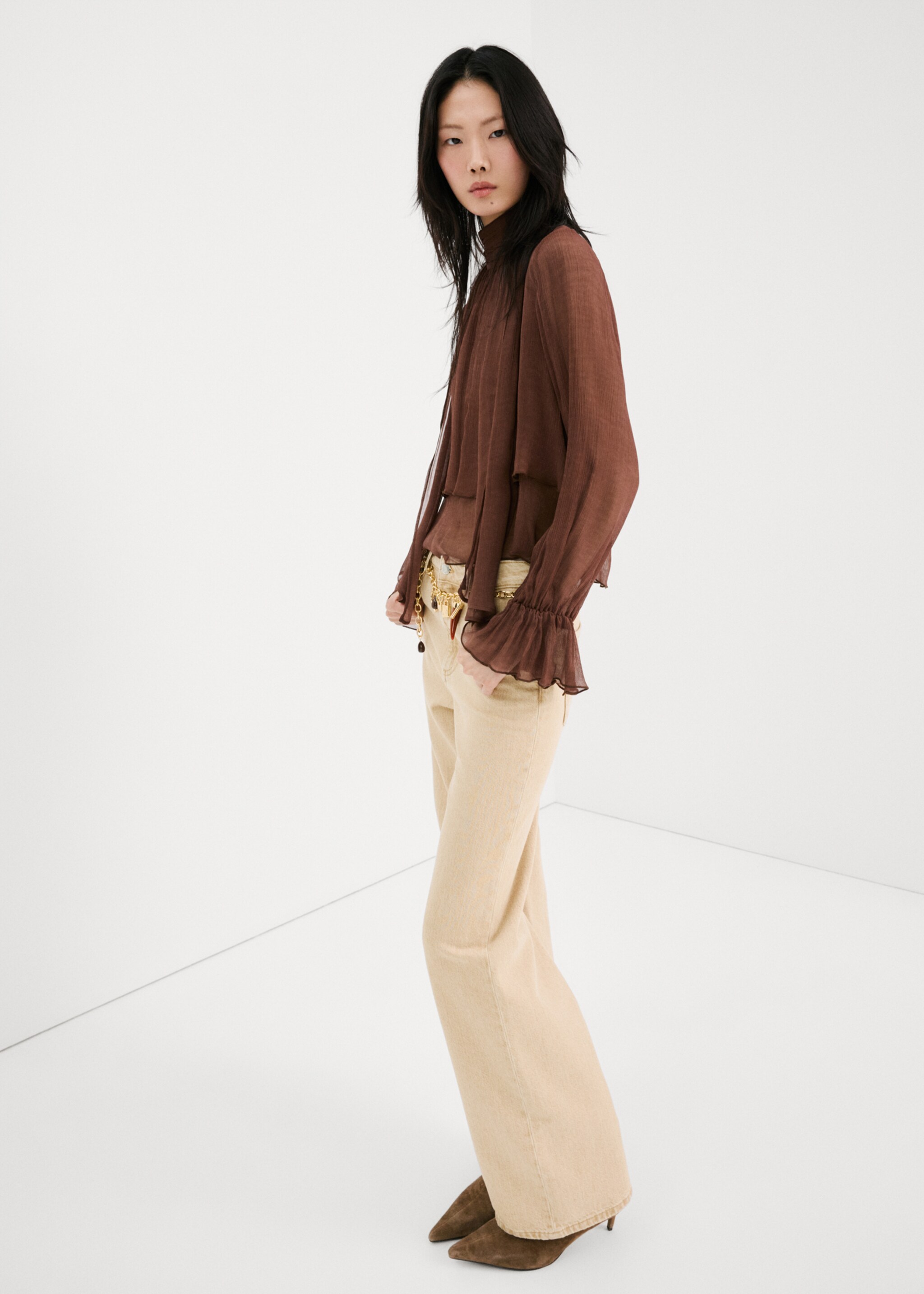 High-neck frilled blouse - General plane, Brown. Ref: 27094445-01.