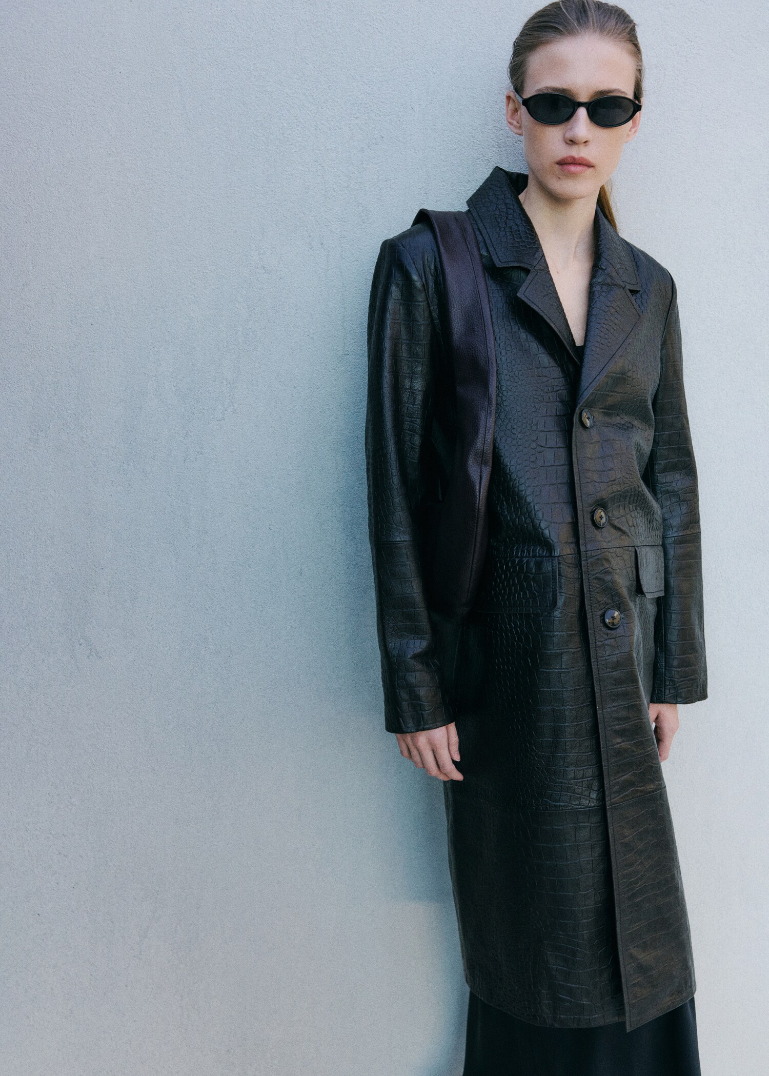 Manteau 100 % cuir effet crocodile - Plan moyen