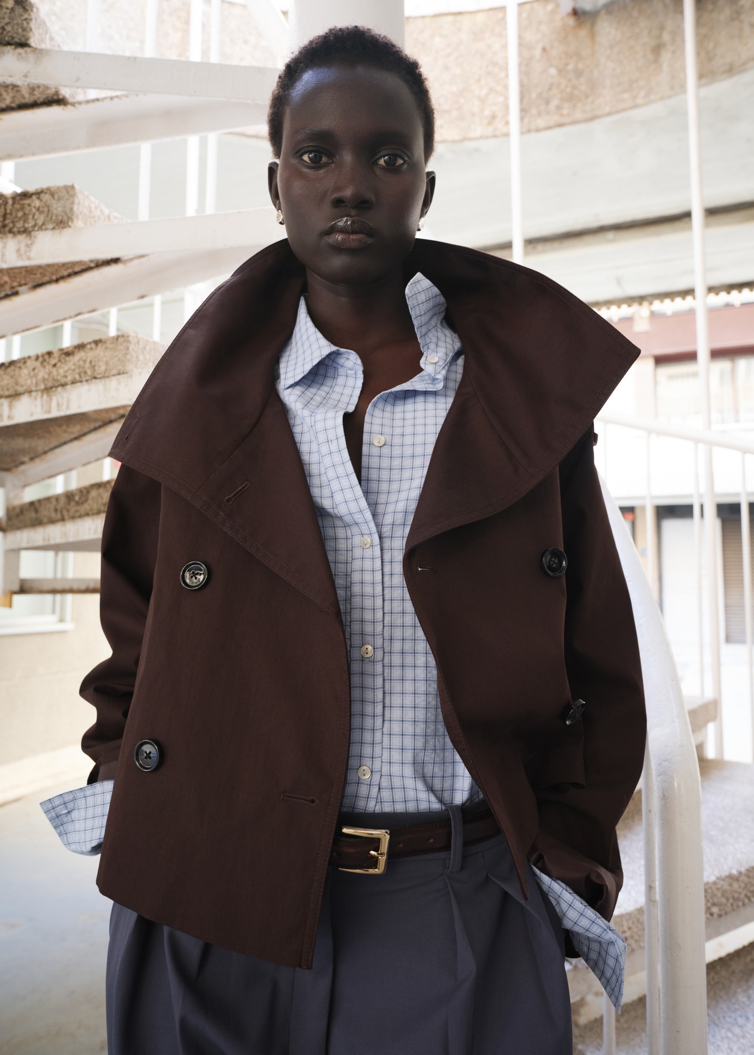 Funnel neck cropped trench coat - Medium plane