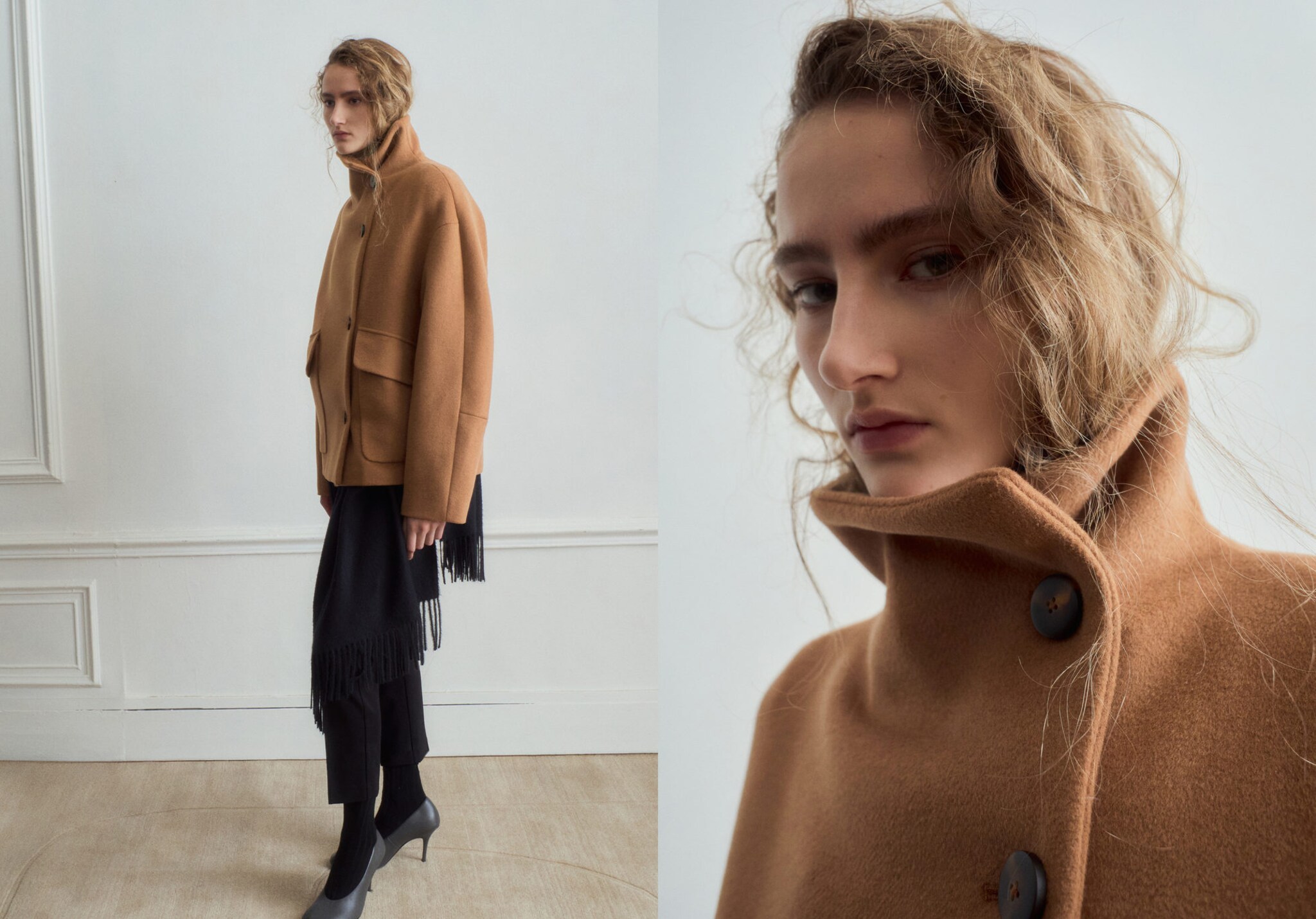 Mantel campuran wol dengan kerah funnel - Tampilan Panorama