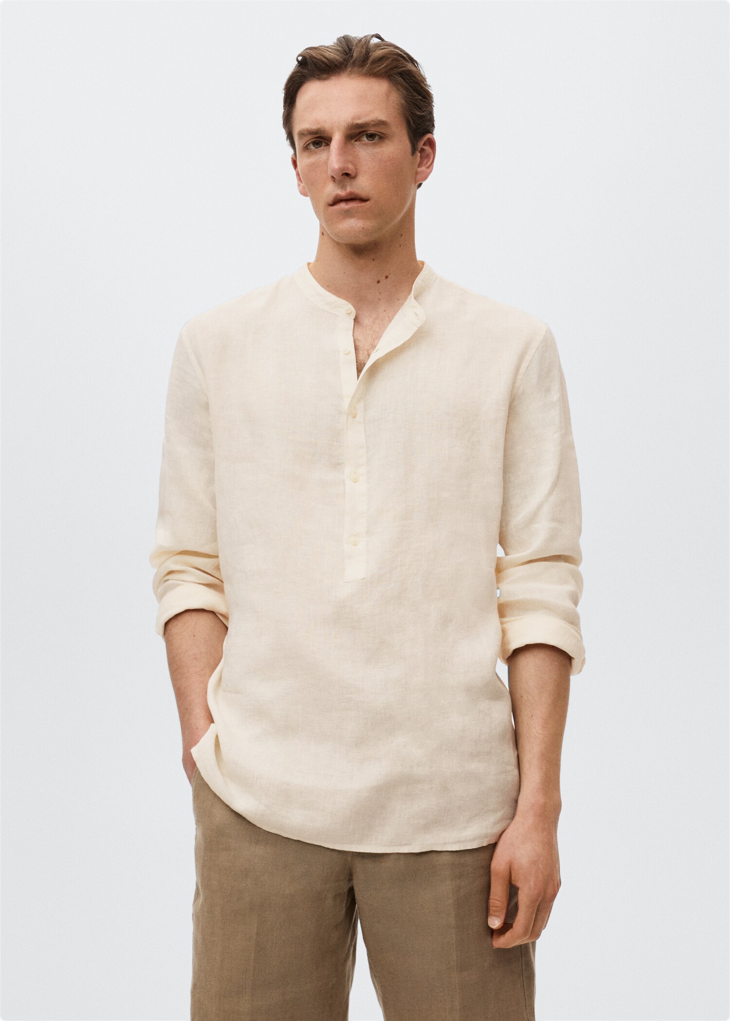 Regular-fit Mao-collar linen shirt - Medium plane