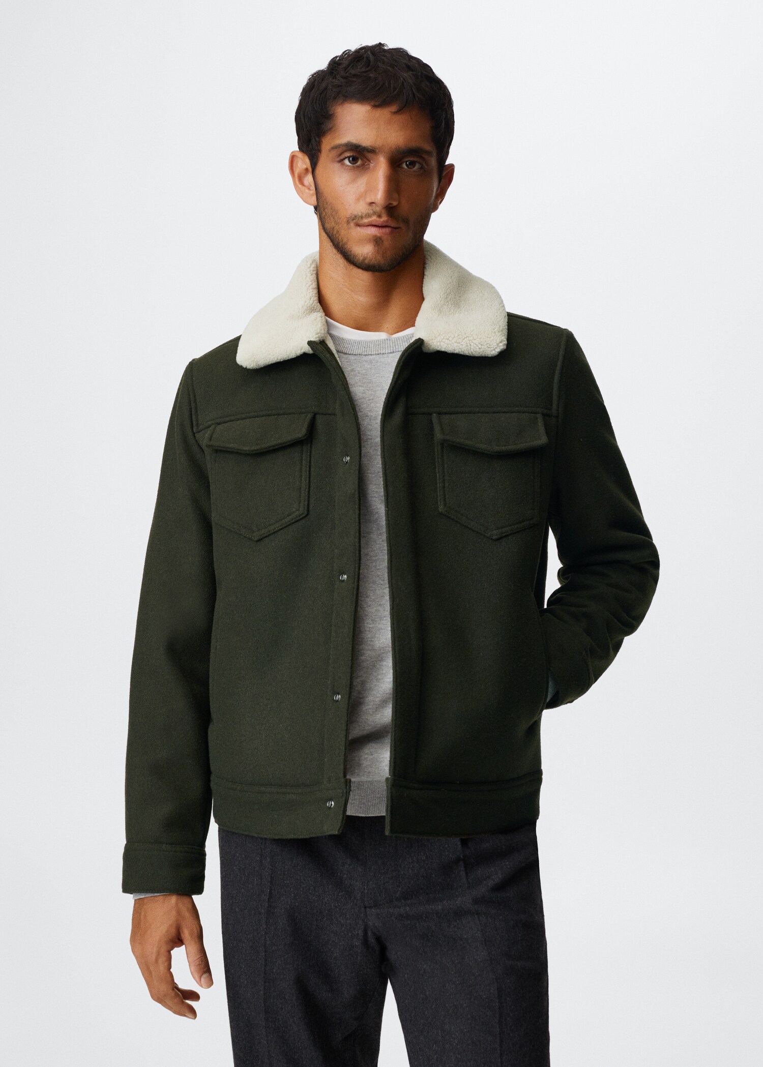 Faux-shearling collar wool jacket - Medium plane