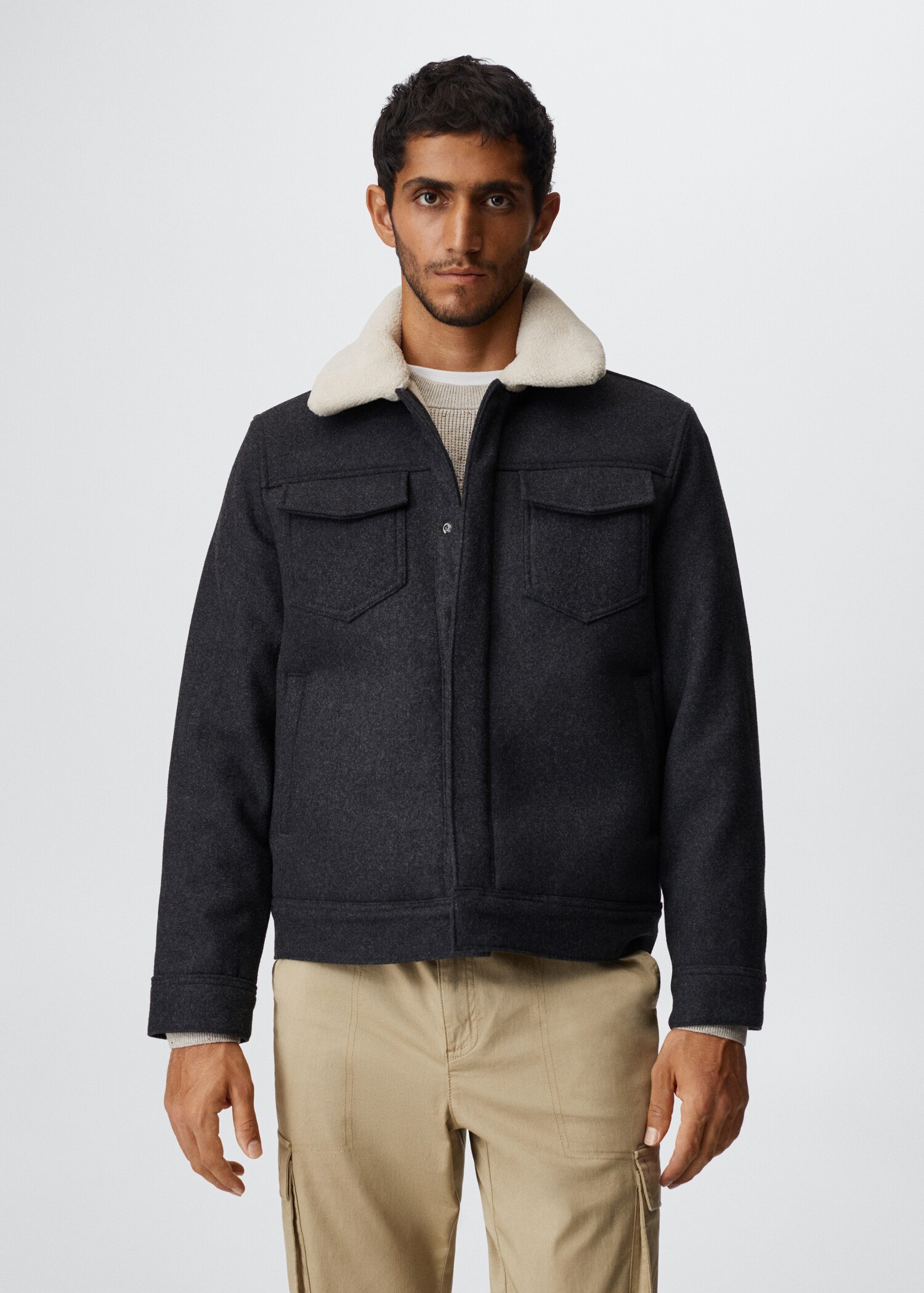Faux-shearling collar wool jacket - Medium plane