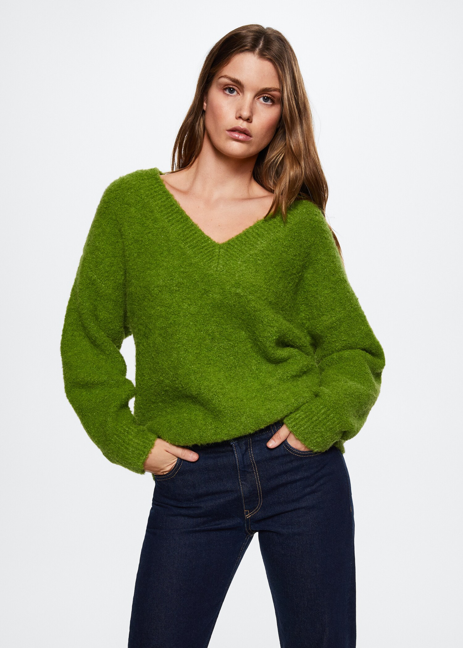 Camisola de malha frisada com gola em V - Plano médio