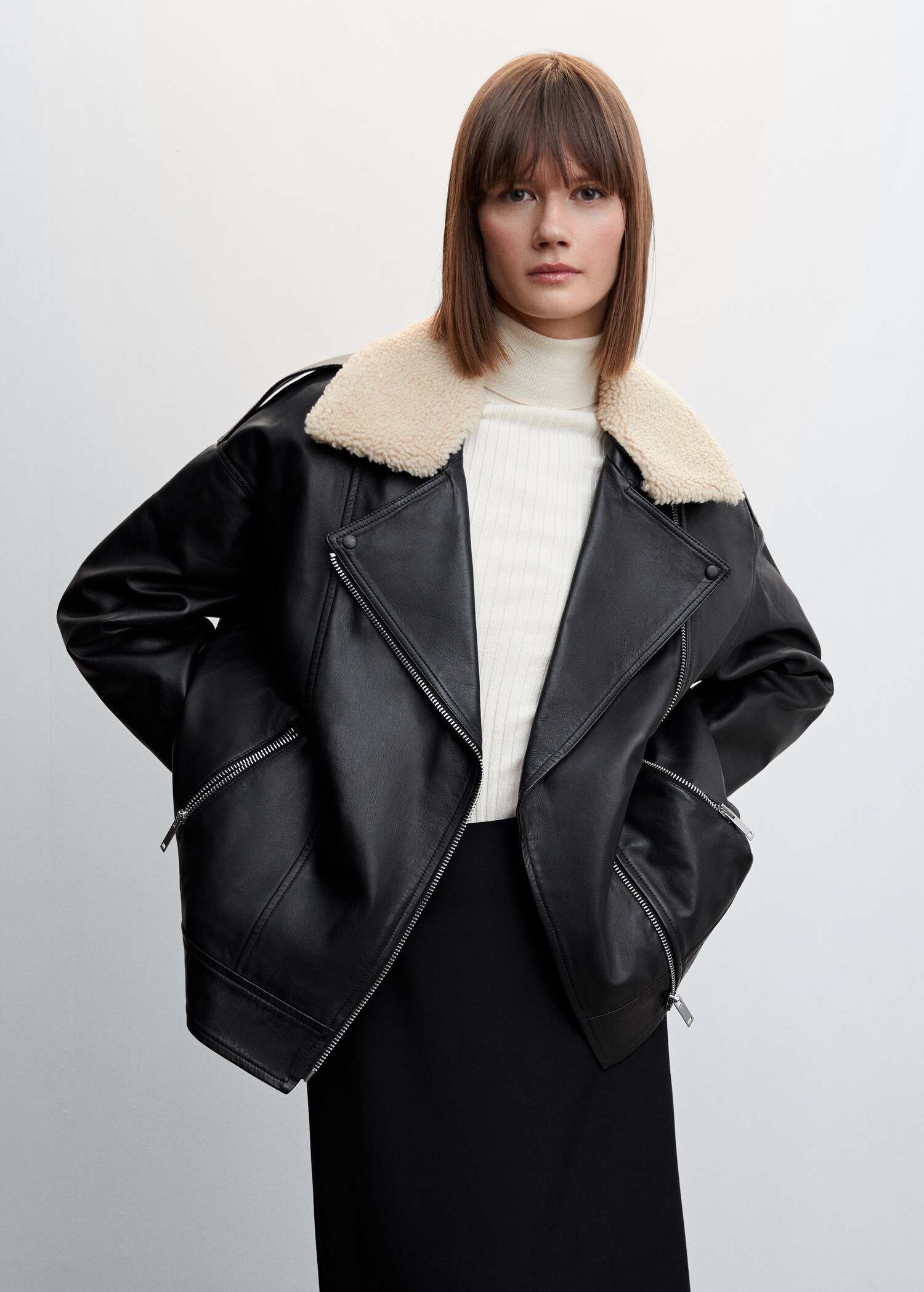Shearling collar leather jacket - Medium plane