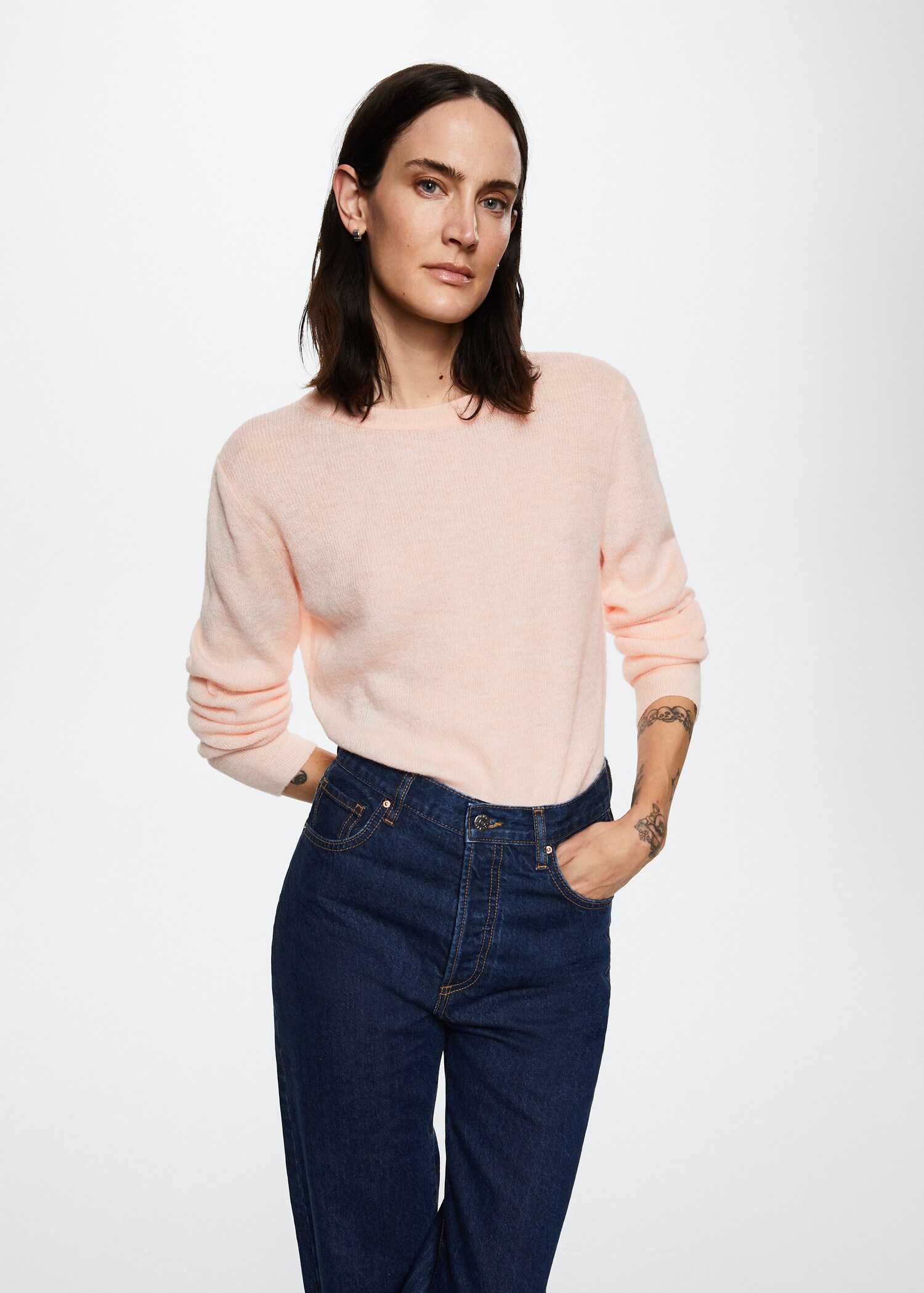 Cotton-linen round-neck knitted sweater - Medium plane