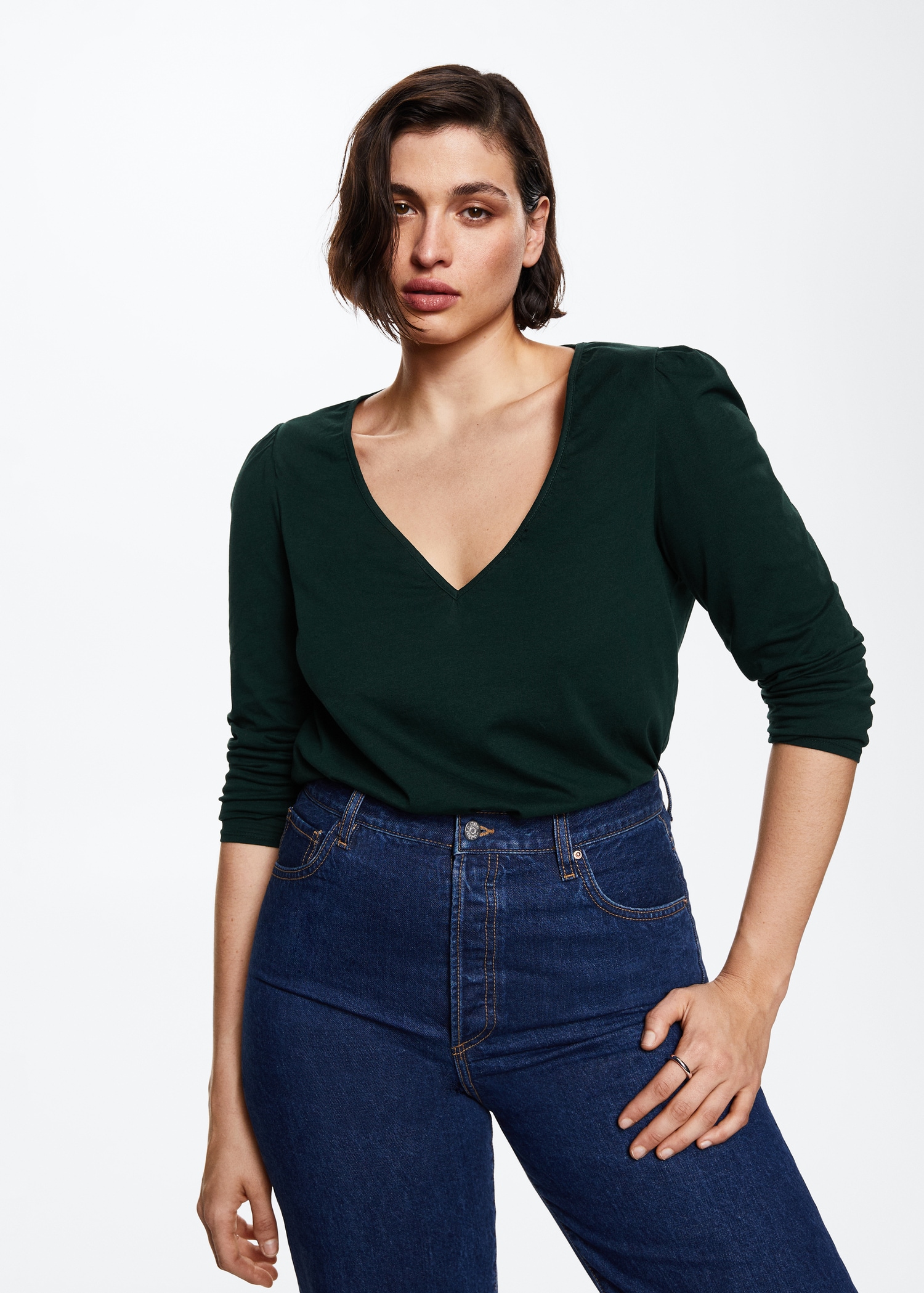 Shirt Col V T Shirt Manche Longue Vert Femme Hauts à Manches